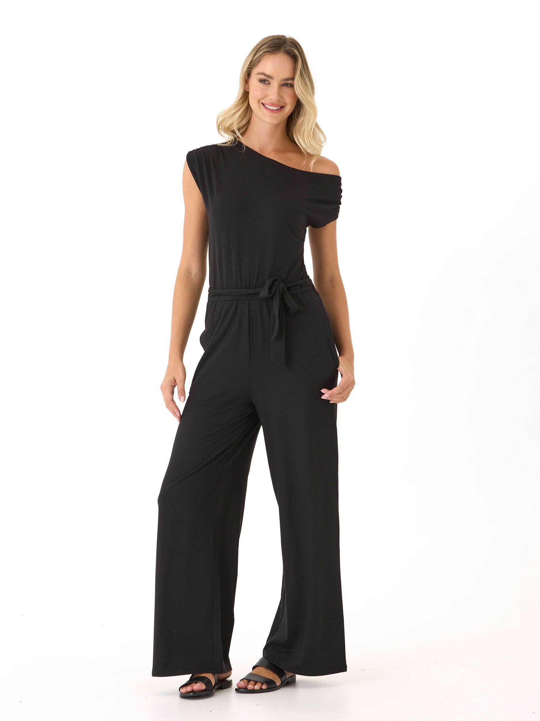 Leoni Luxe Jersey Wide Leg Jumpsuit in Black - Relaxed Knit Fit