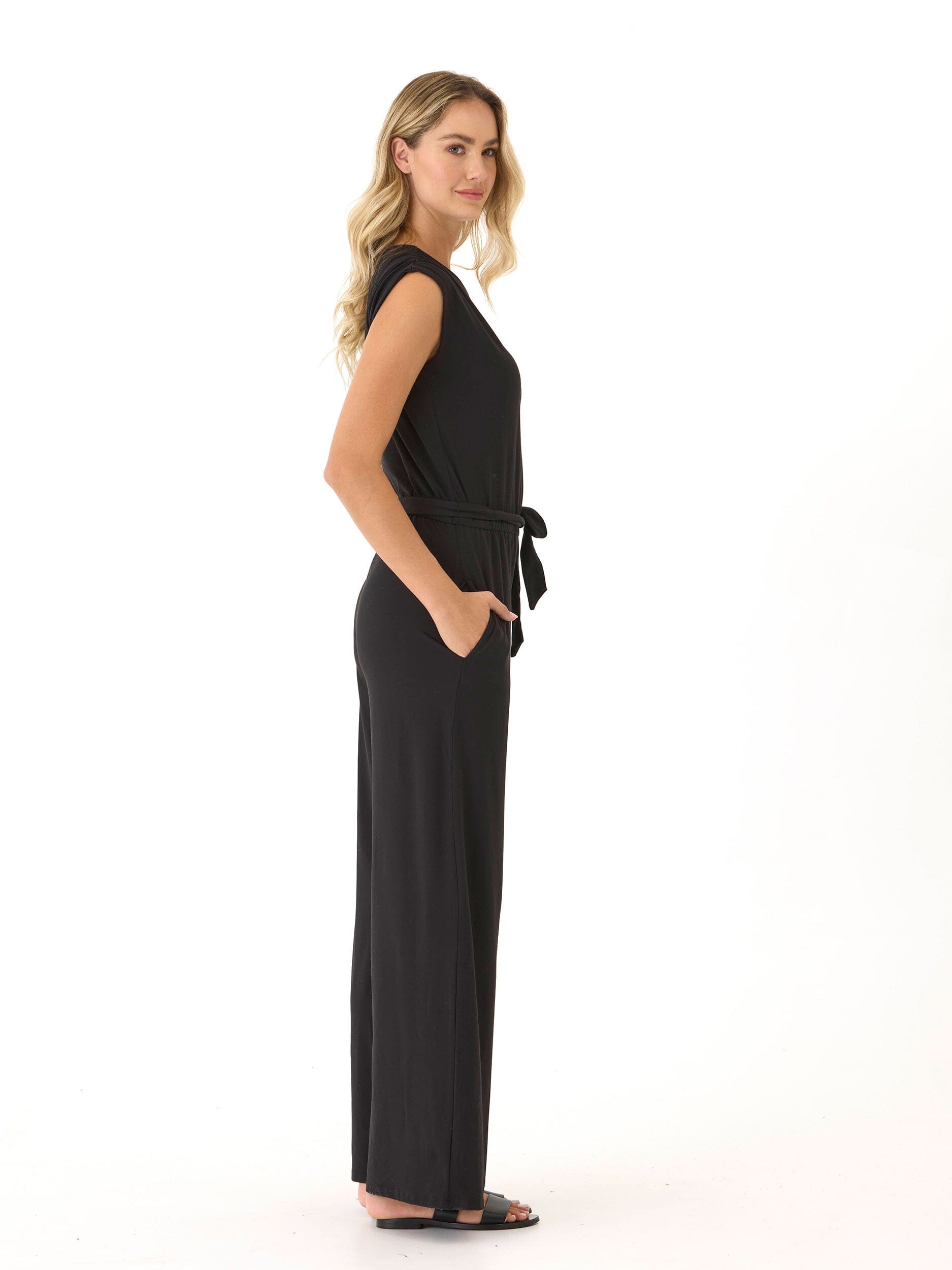 Leoni Luxe Jersey Wide Leg Jumpsuit in Black - Relaxed Knit Fit