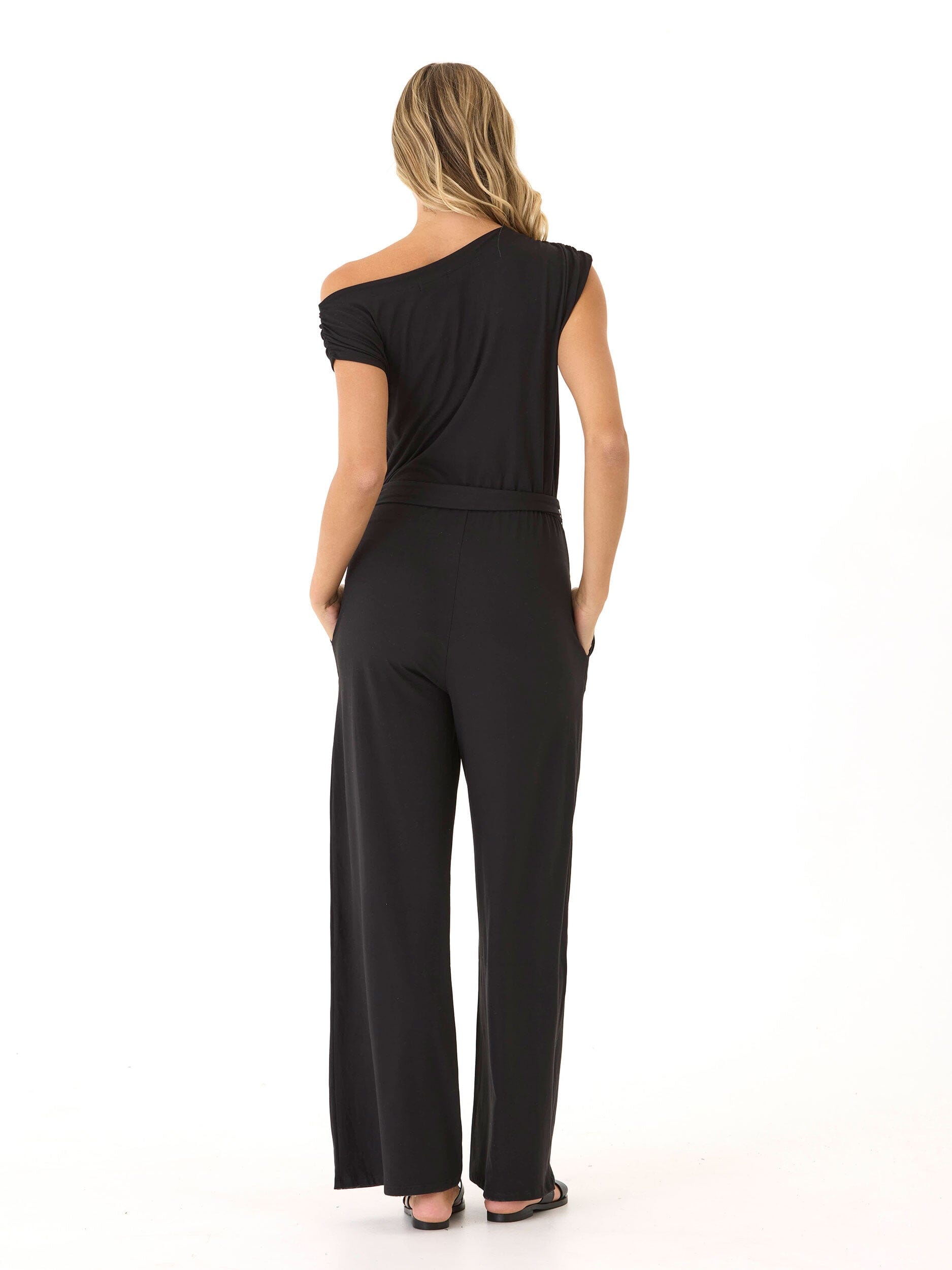 Leoni Luxe Jersey Wide Leg Jumpsuit in Black - Relaxed Knit Fit