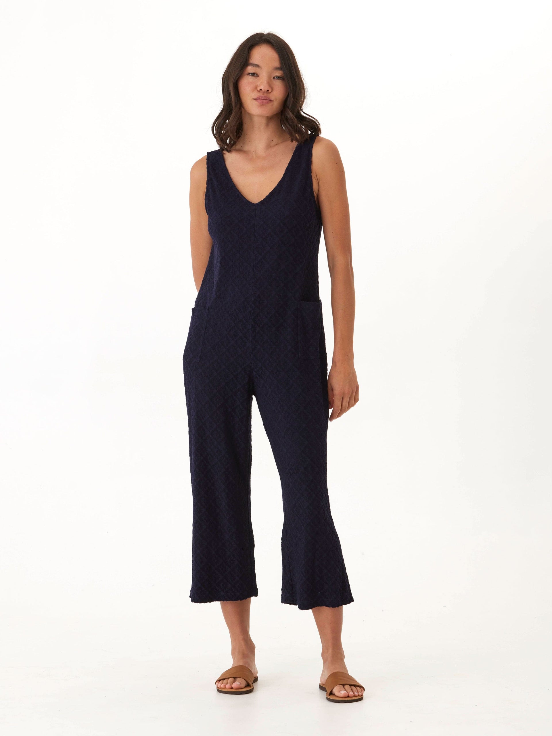 Jacquard Terry Patch Pocket Jumpsuit with Relaxed Wide Leg