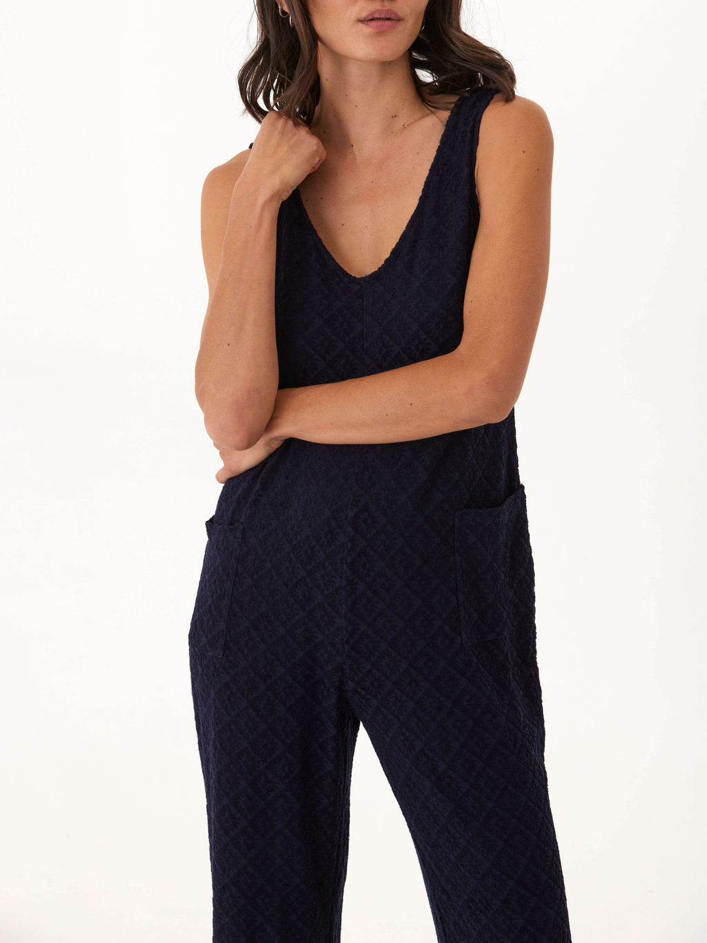 Jacquard Terry Patch Pocket Jumpsuit with Relaxed Wide Leg