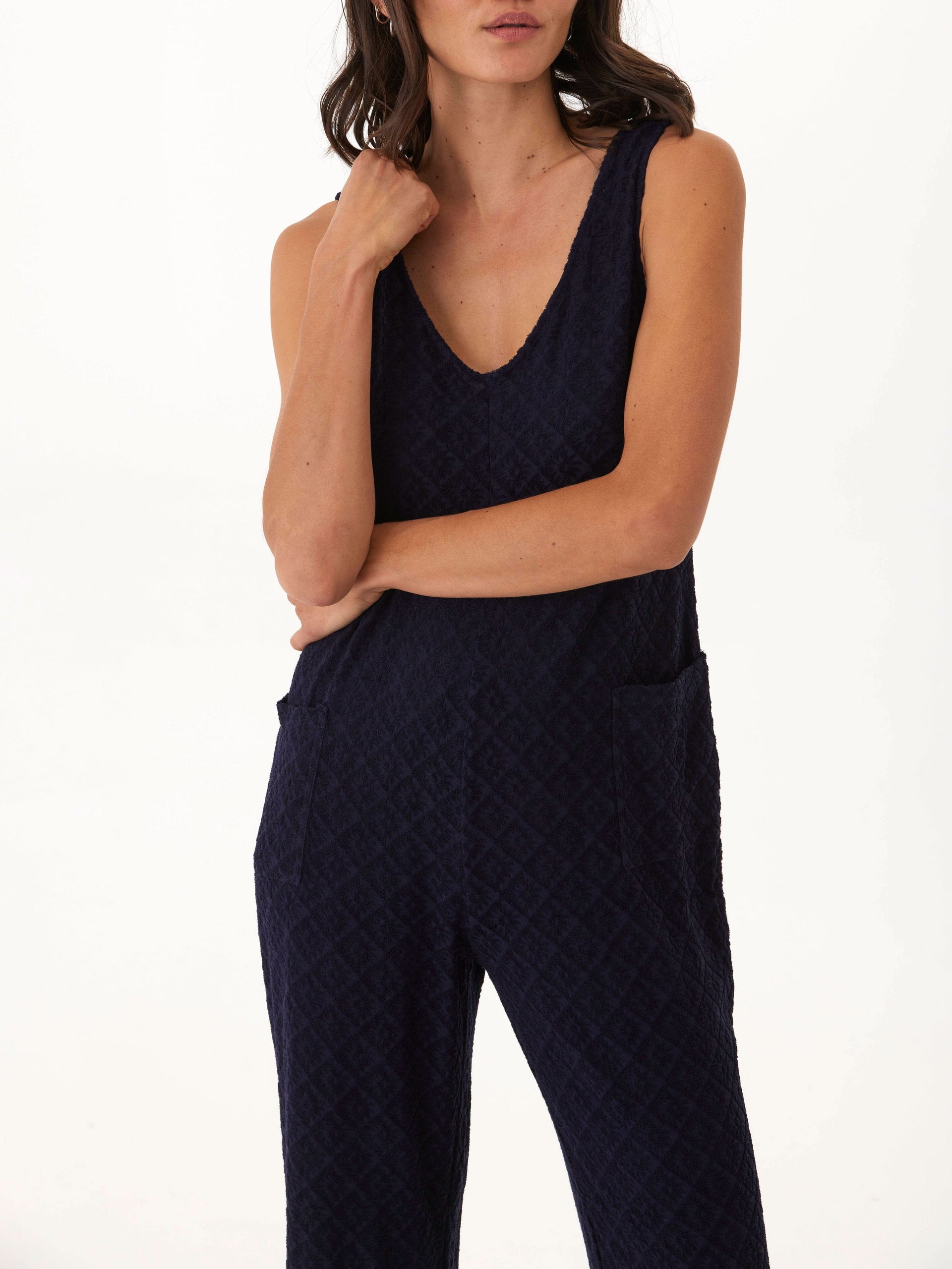 Jacquard Terry Patch Pocket Jumpsuit with Relaxed Wide Leg