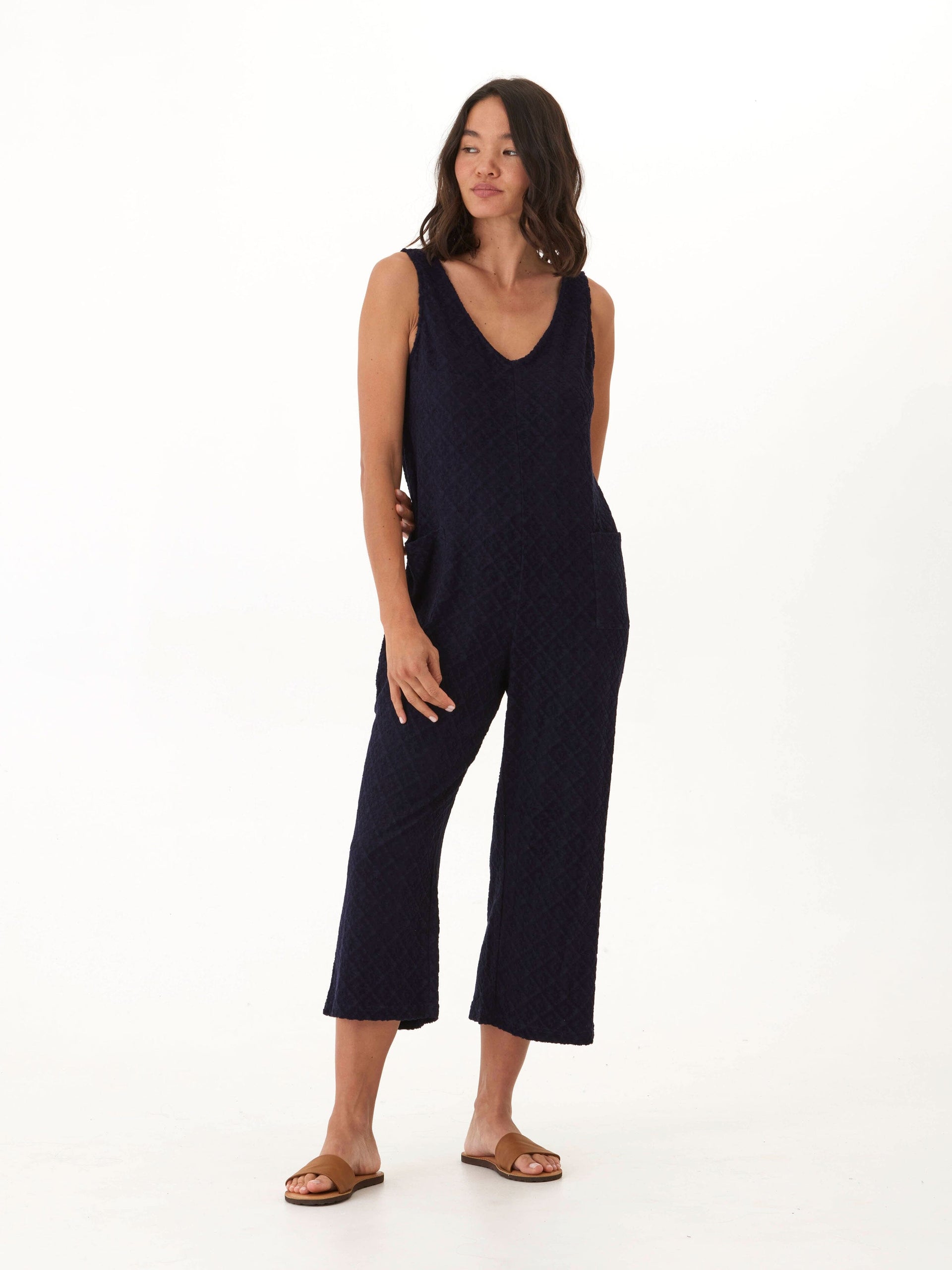 Jacquard Terry Patch Pocket Jumpsuit with Relaxed Wide Leg