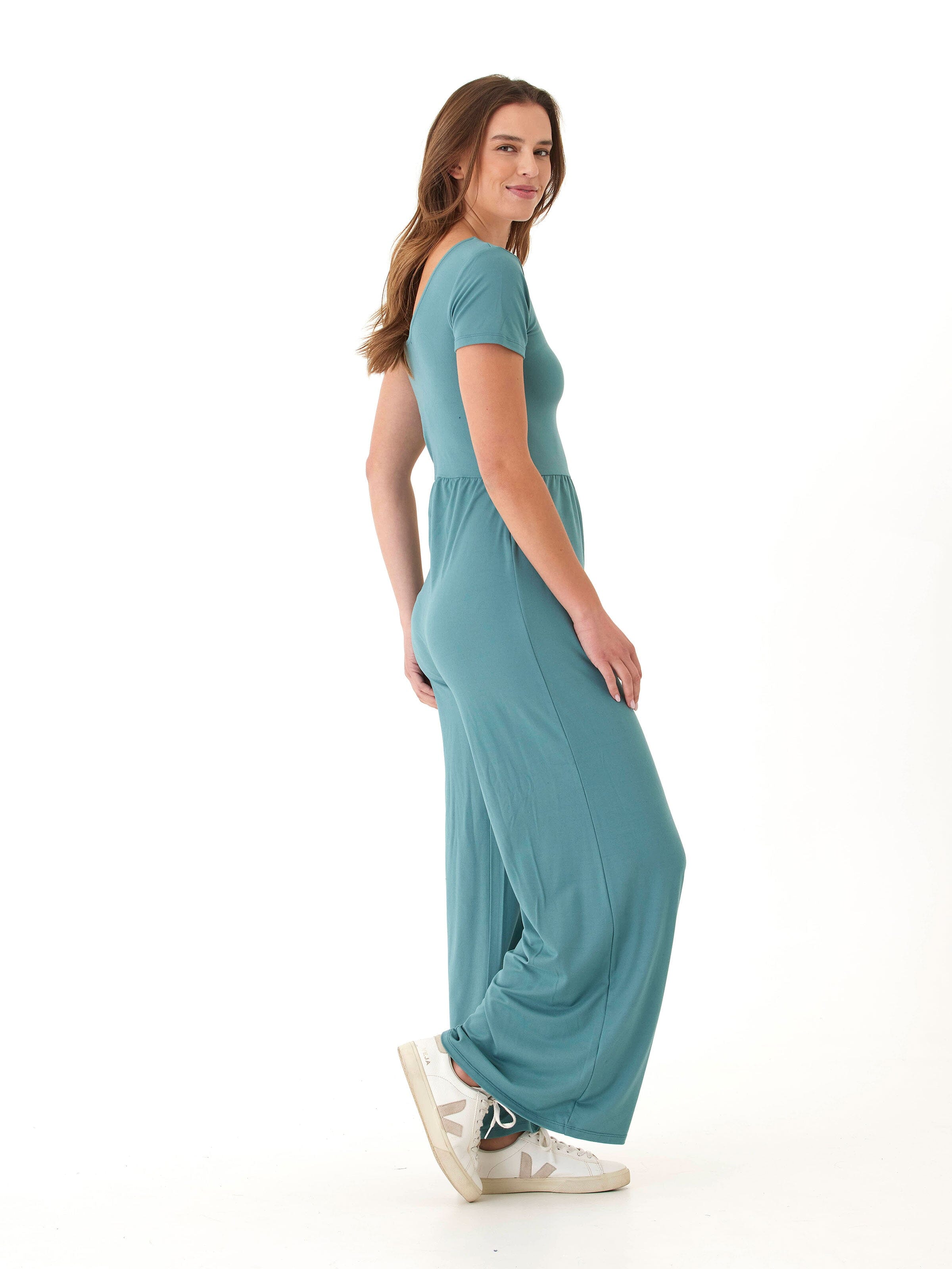 Cori Luxe Jersey Short Sleeve Wide-Leg Jumpsuit in Muted Teal