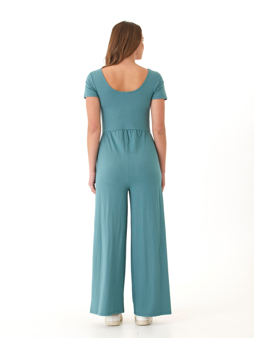 Cori Luxe Jersey Short Sleeve Wide-Leg Jumpsuit in Muted Teal