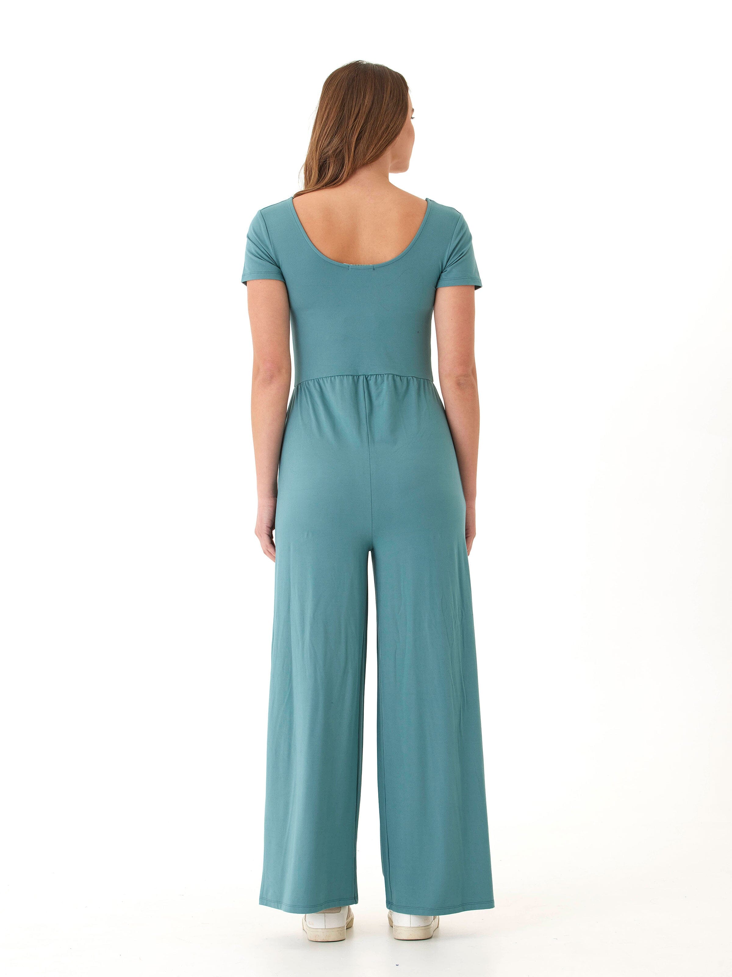 Cori Luxe Jersey Short Sleeve Wide-Leg Jumpsuit in Muted Teal