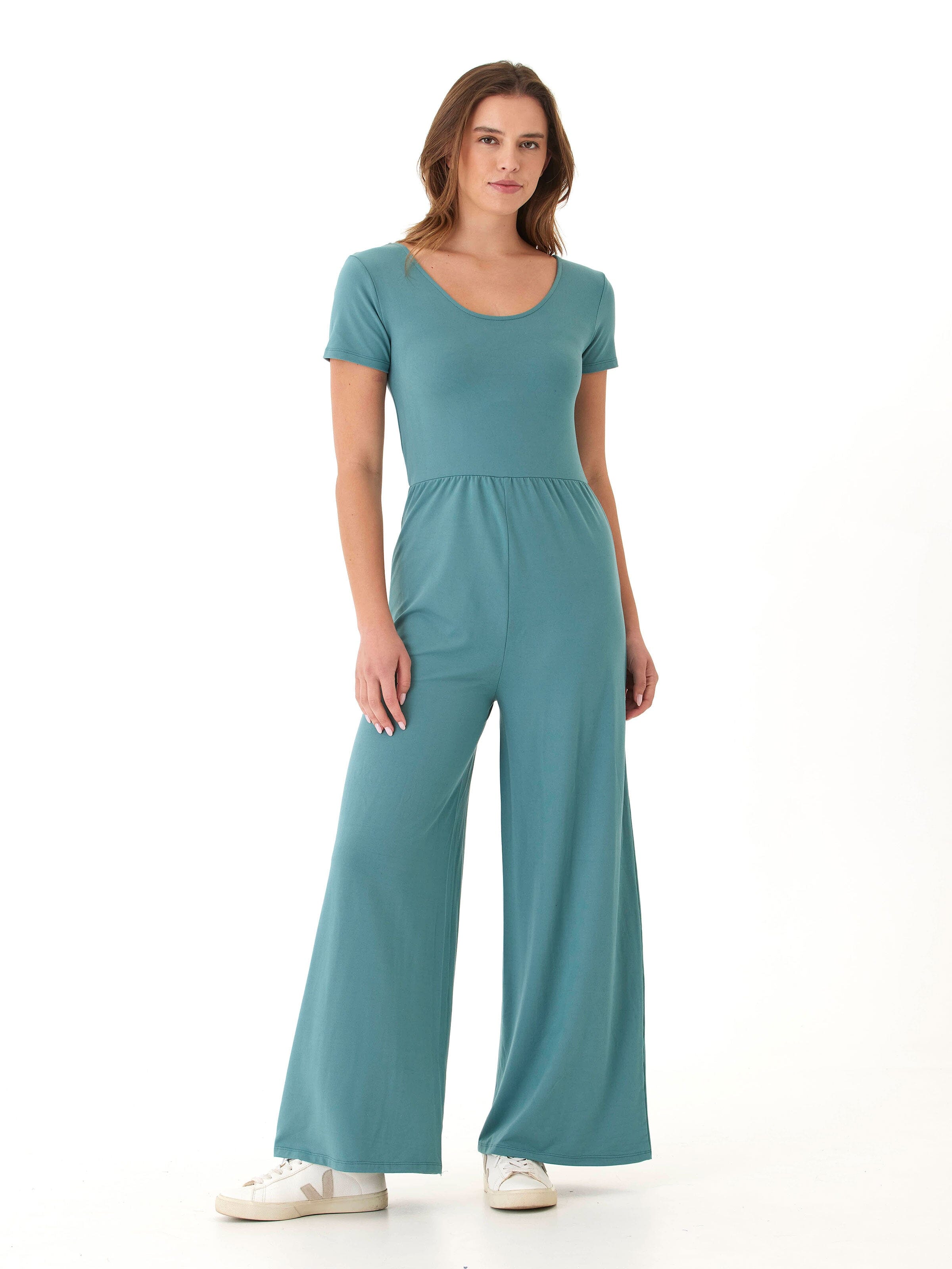 Cori Luxe Jersey Short Sleeve Wide-Leg Jumpsuit in Muted Teal