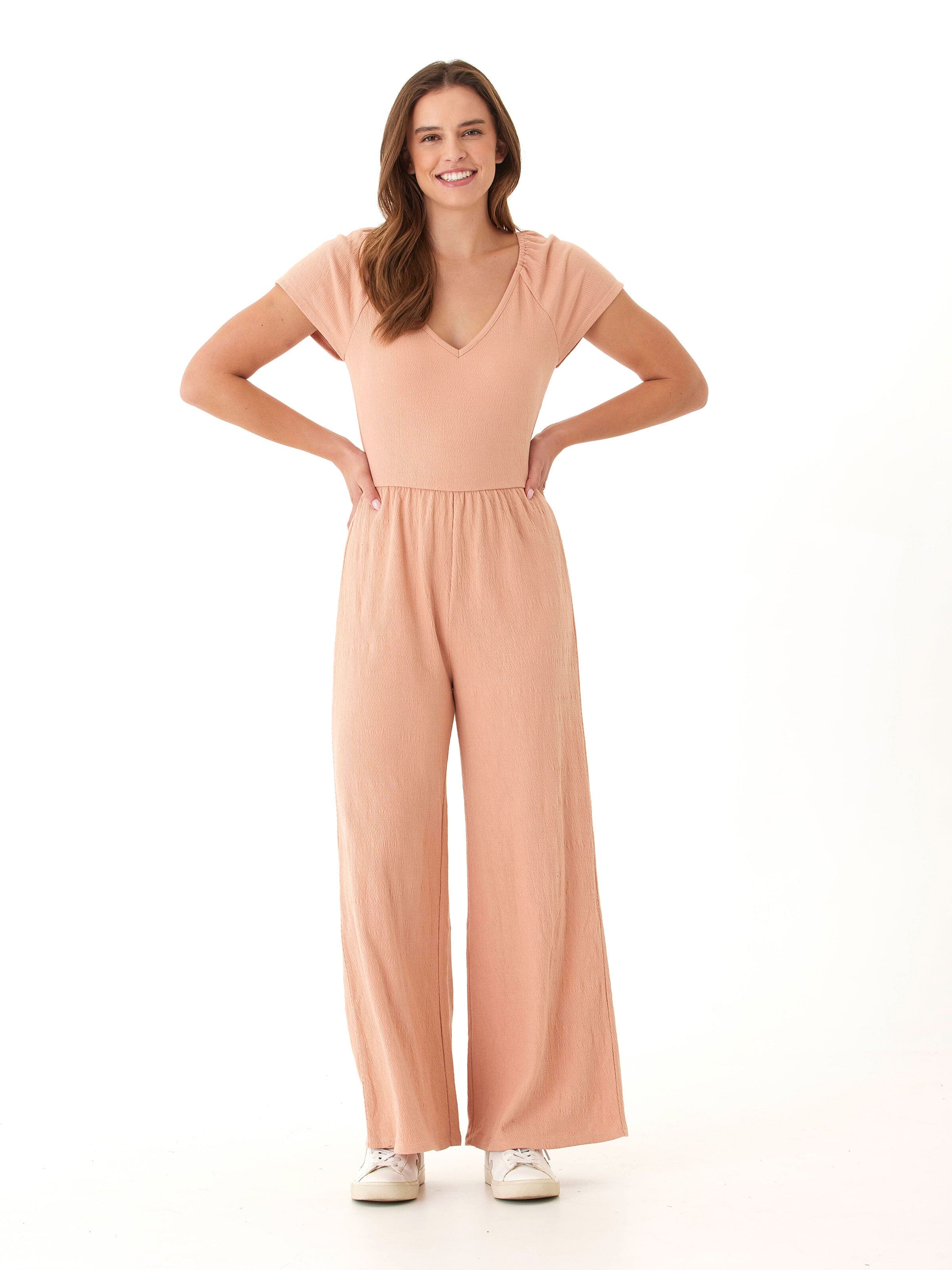 Lilyanna Smocked Jersey Flutter Sleeve Wide-Leg Jumpsuit Peach