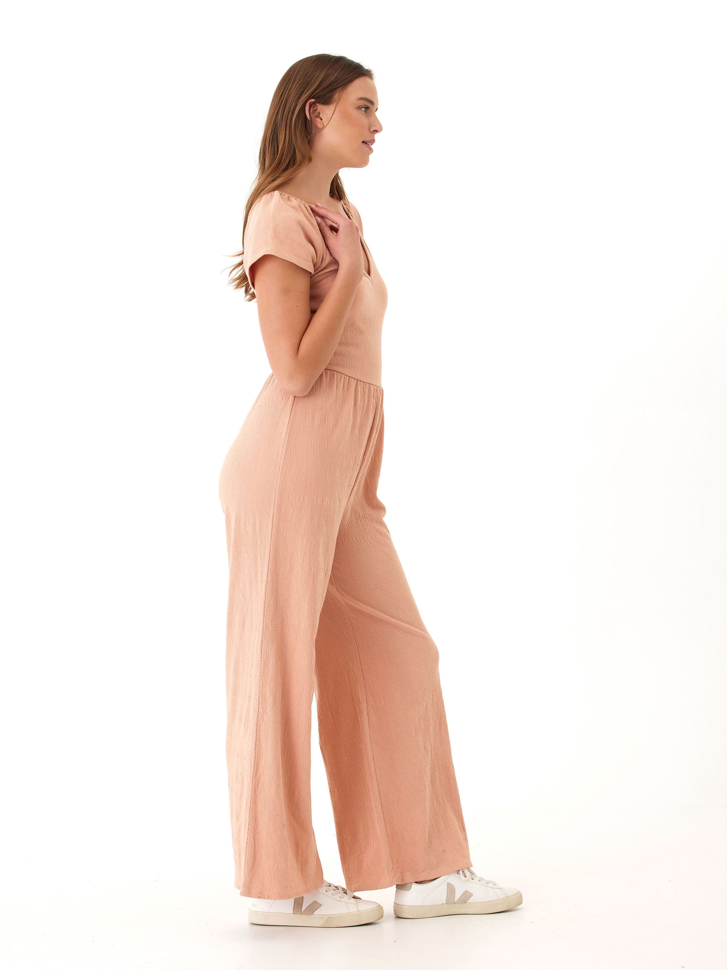 Lilyanna Smocked Jersey Flutter Sleeve Wide-Leg Jumpsuit Peach