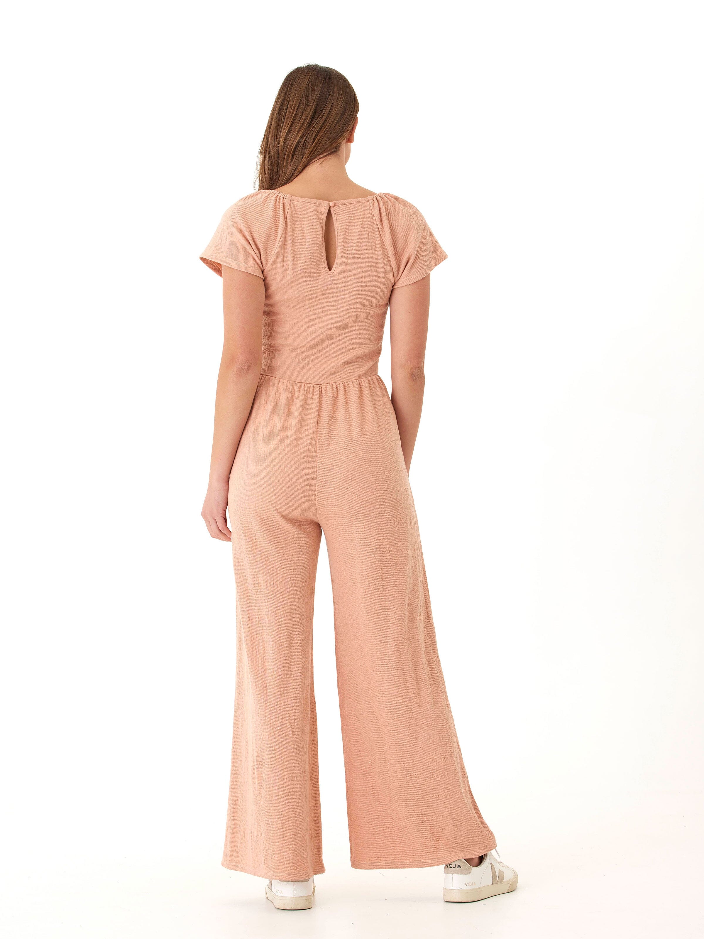 Lilyanna Smocked Jersey Flutter Sleeve Wide-Leg Jumpsuit Peach