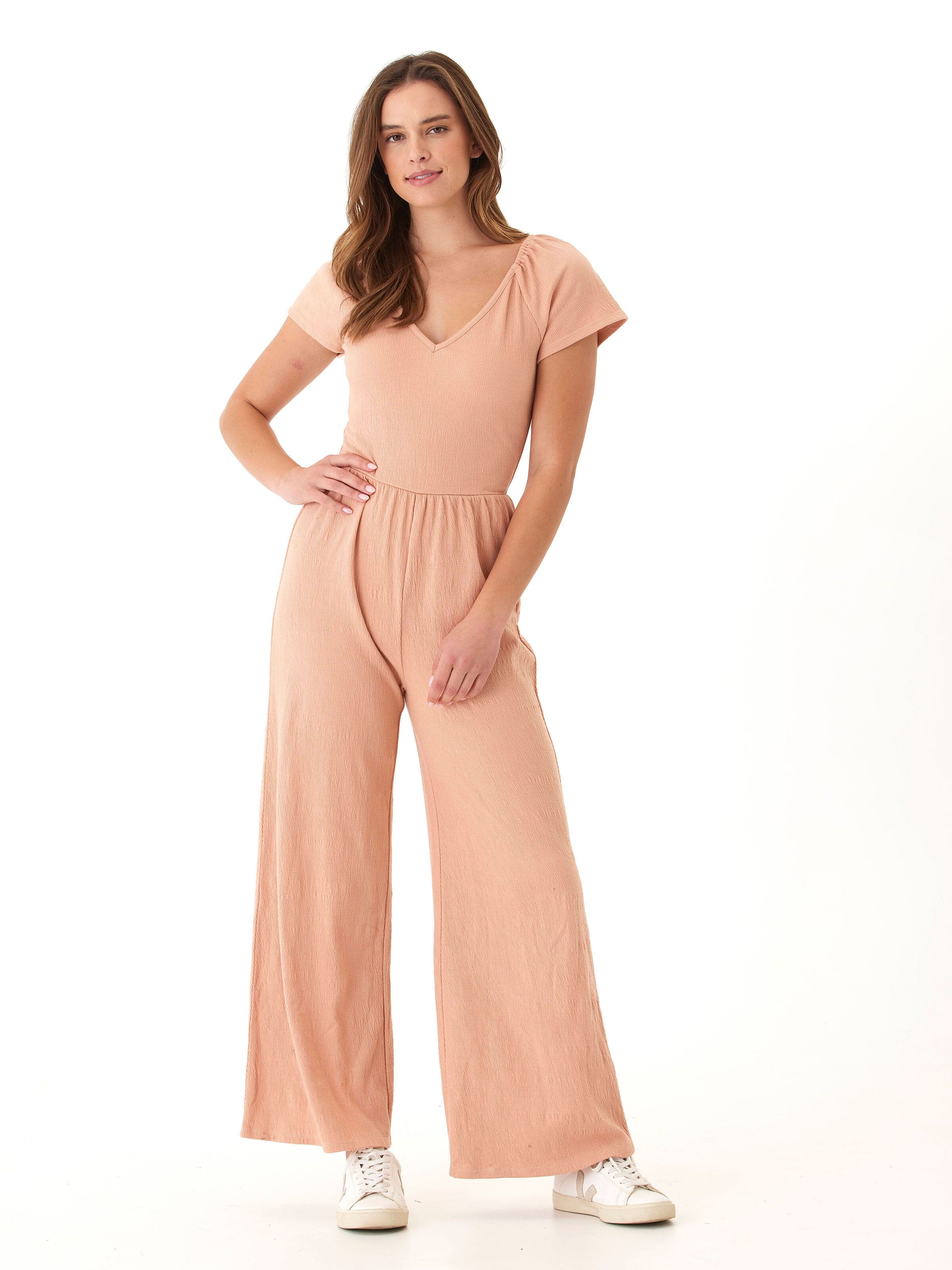 Lilyanna Smocked Jersey Flutter Sleeve Wide-Leg Jumpsuit Peach