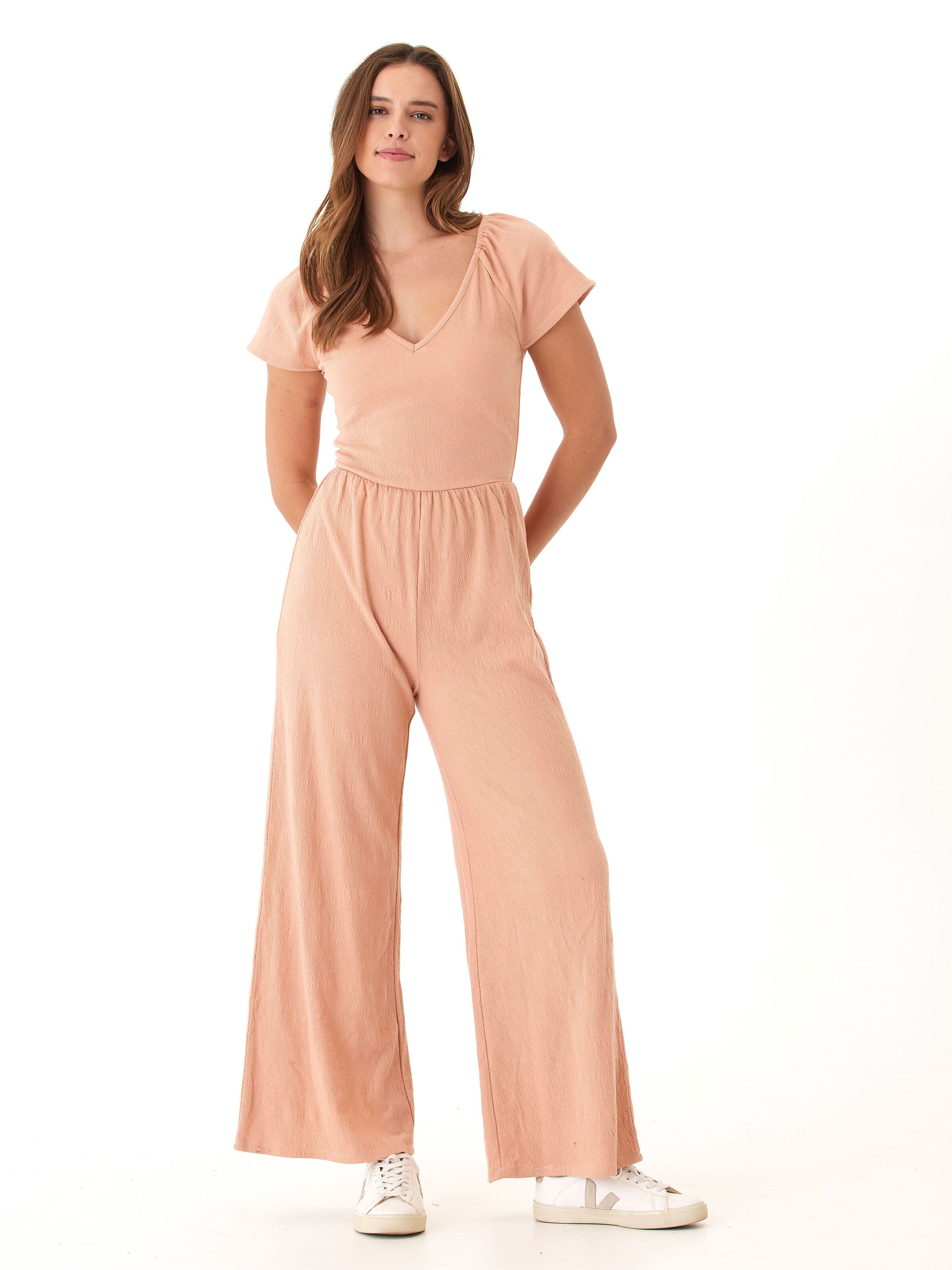 Lilyanna Smocked Jersey Flutter Sleeve Wide-Leg Jumpsuit Peach