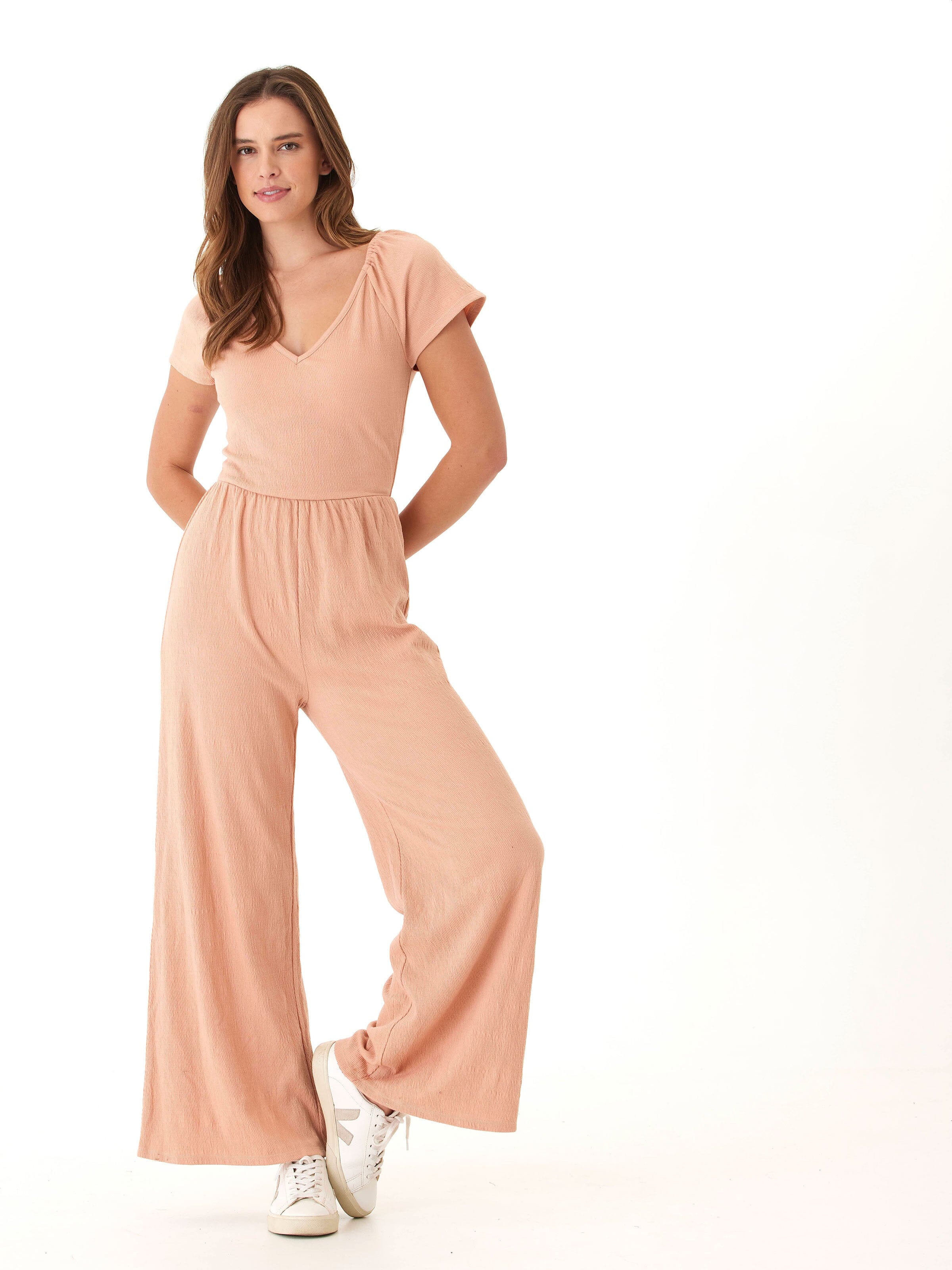 Lilyanna Smocked Jersey Flutter Sleeve Wide-Leg Jumpsuit Peach