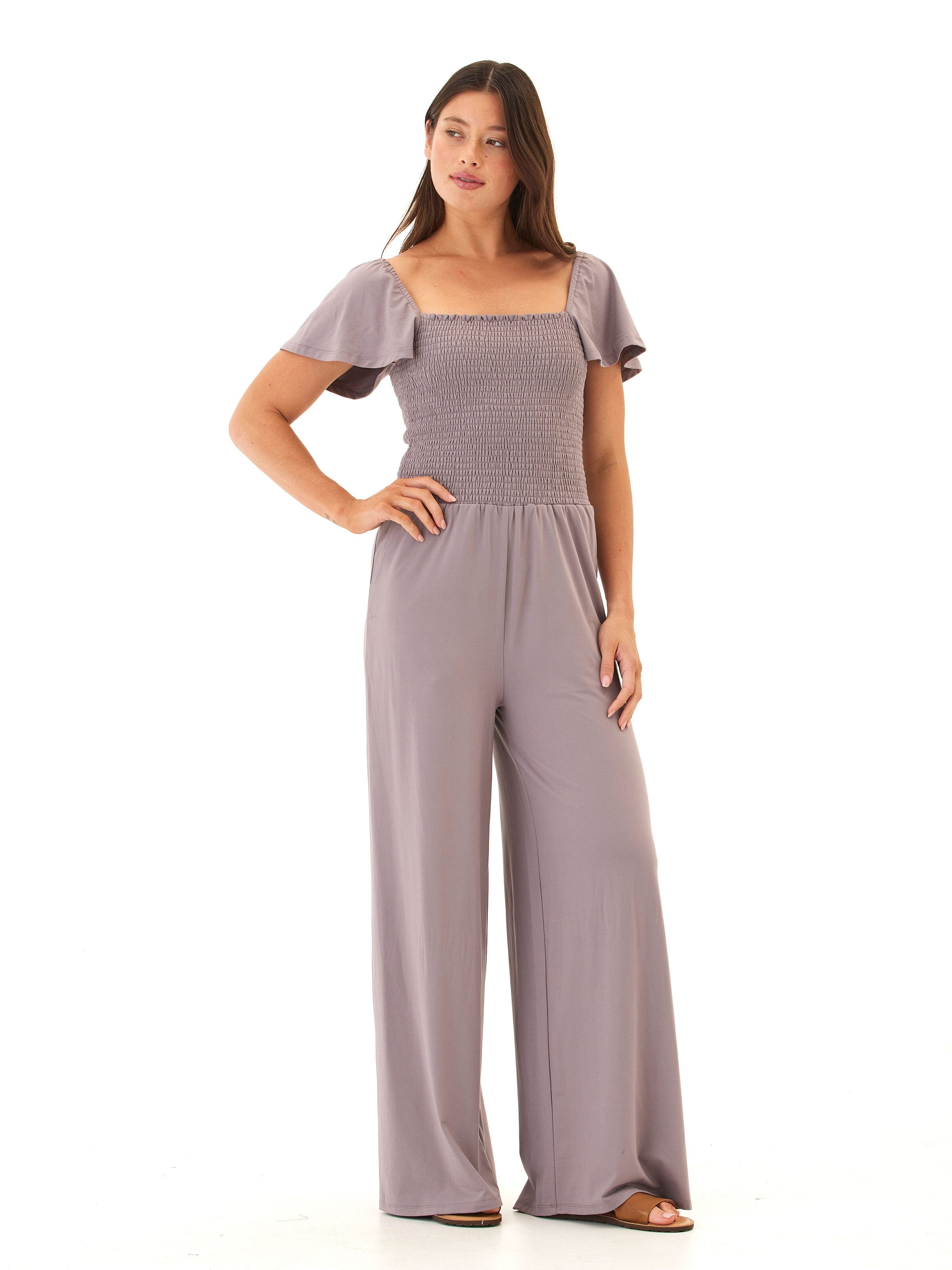 Lucille Luxe Jersey Wide-Leg Jumpsuit in Dusty Purple and Mauve