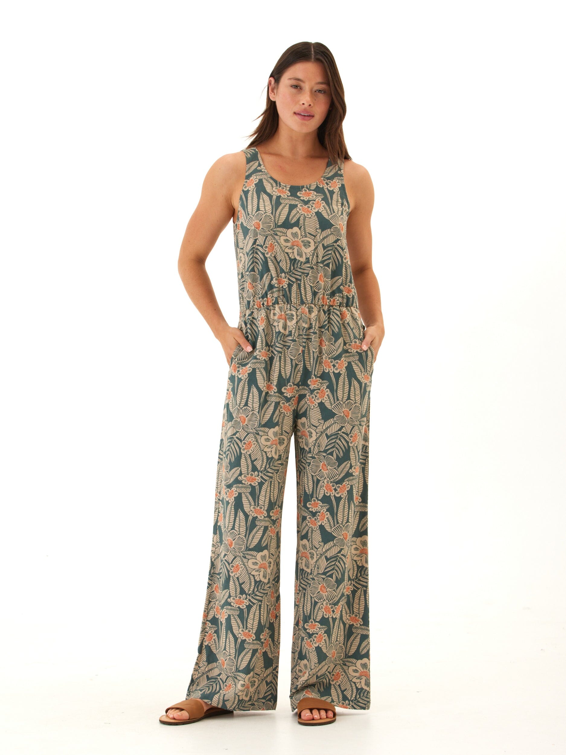 Colleen Island Flora Print Wide-Leg Jumpsuit in Teal and Peach