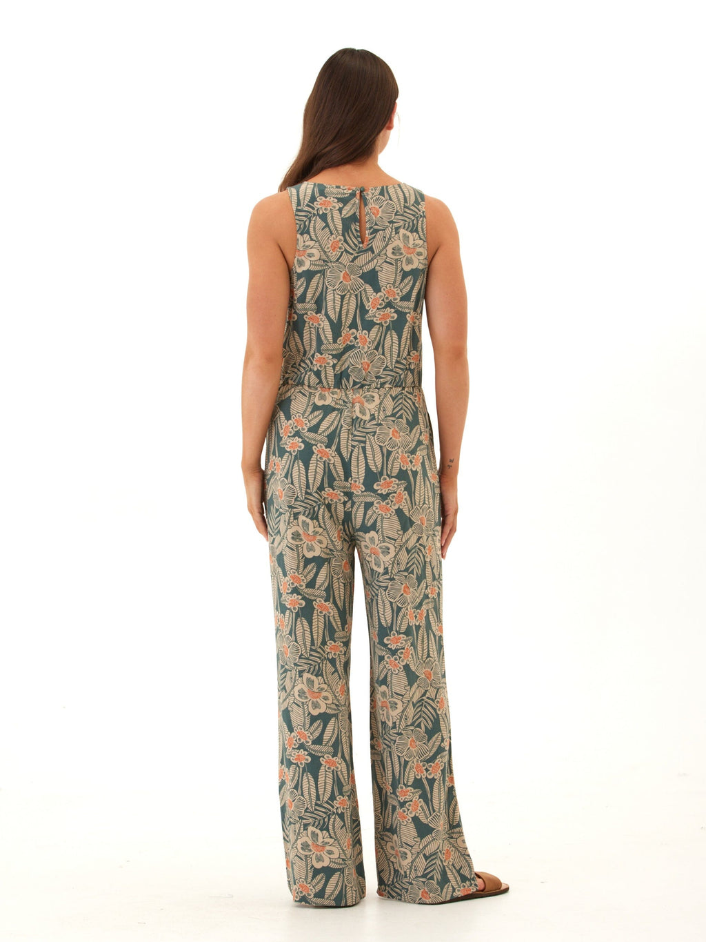Colleen Island Flora Print Wide-Leg Jumpsuit in Teal and Peach