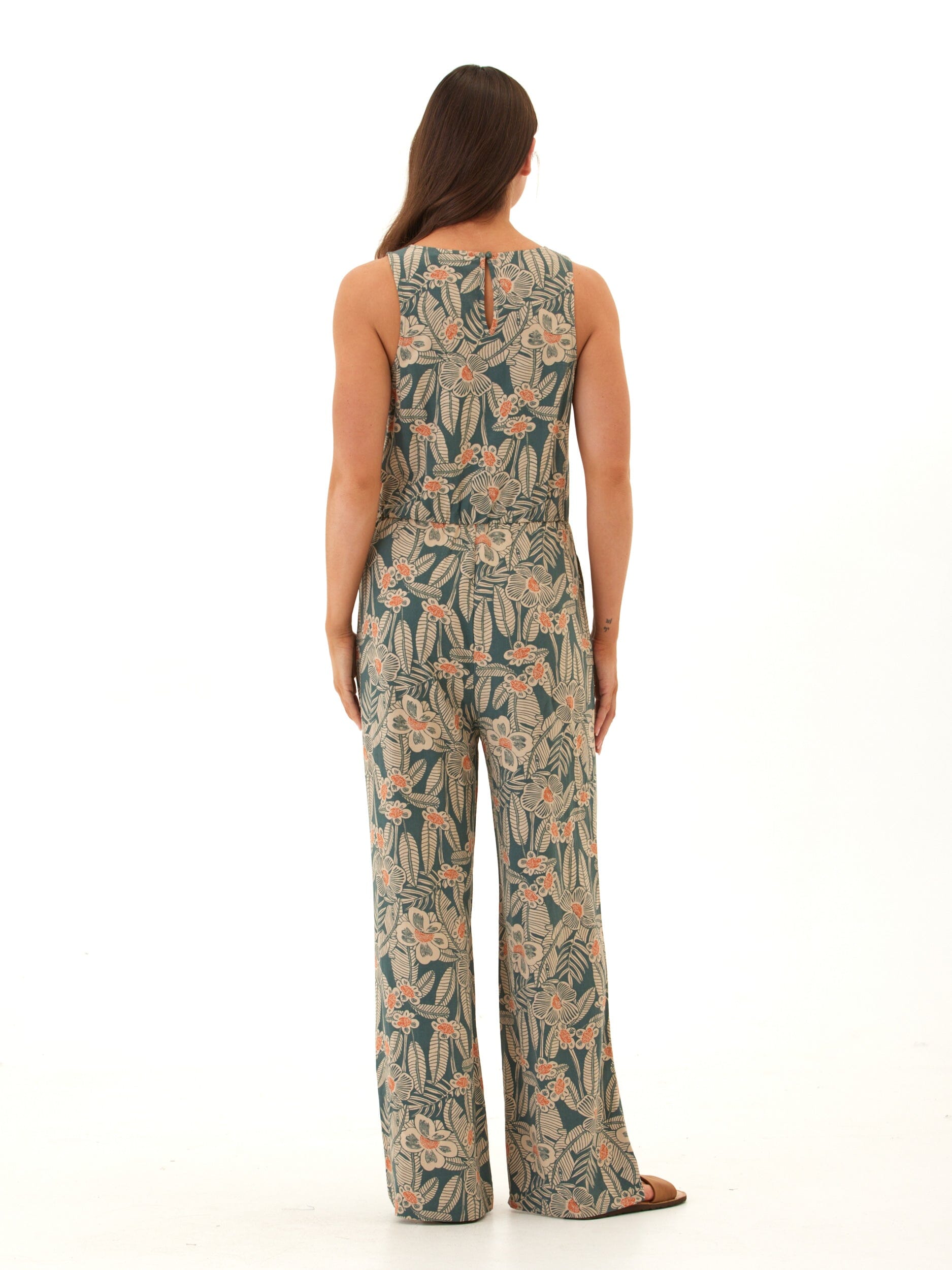 Colleen Island Flora Print Wide-Leg Jumpsuit in Teal and Peach