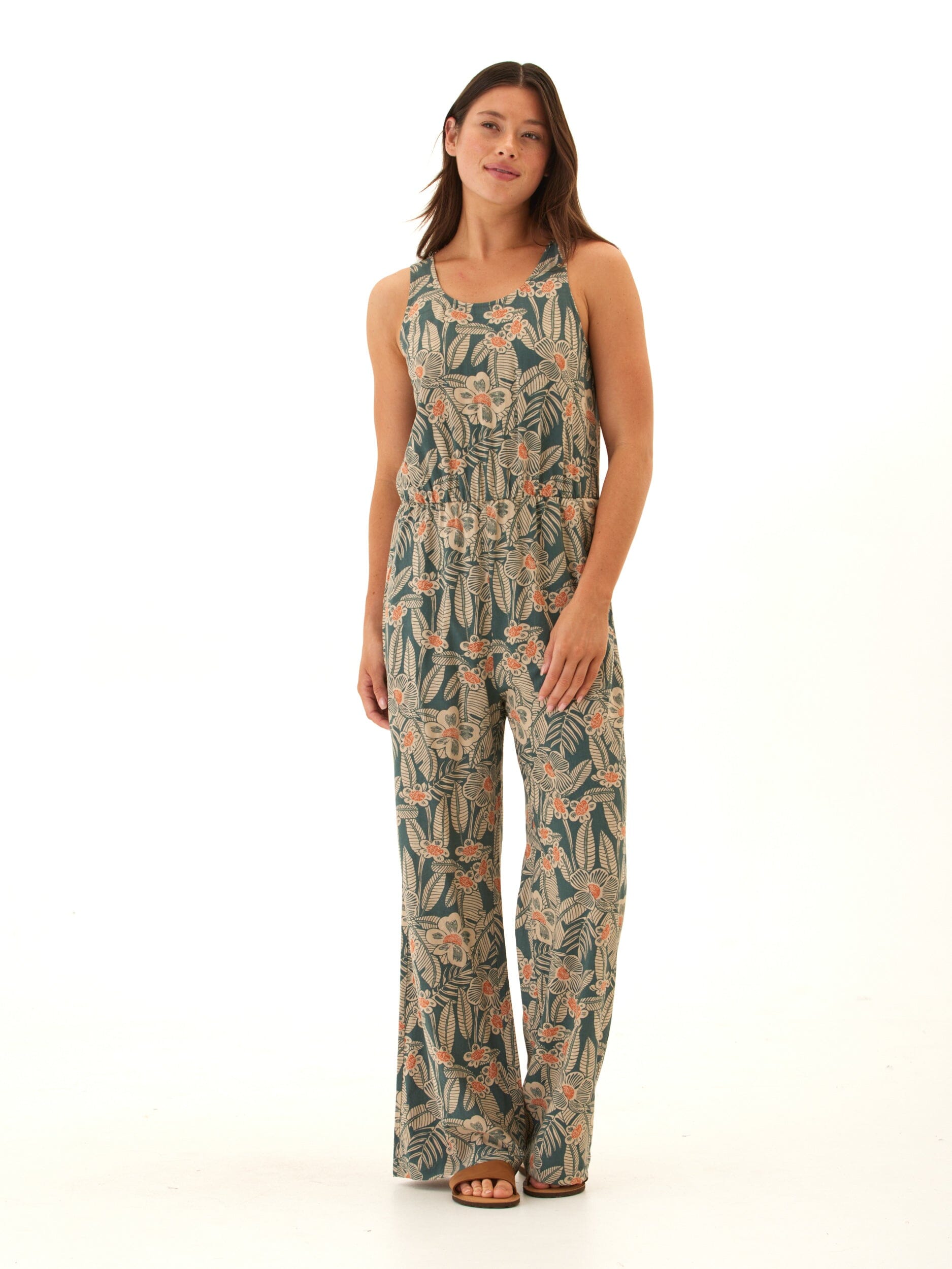 Colleen Island Flora Print Wide-Leg Jumpsuit in Teal and Peach