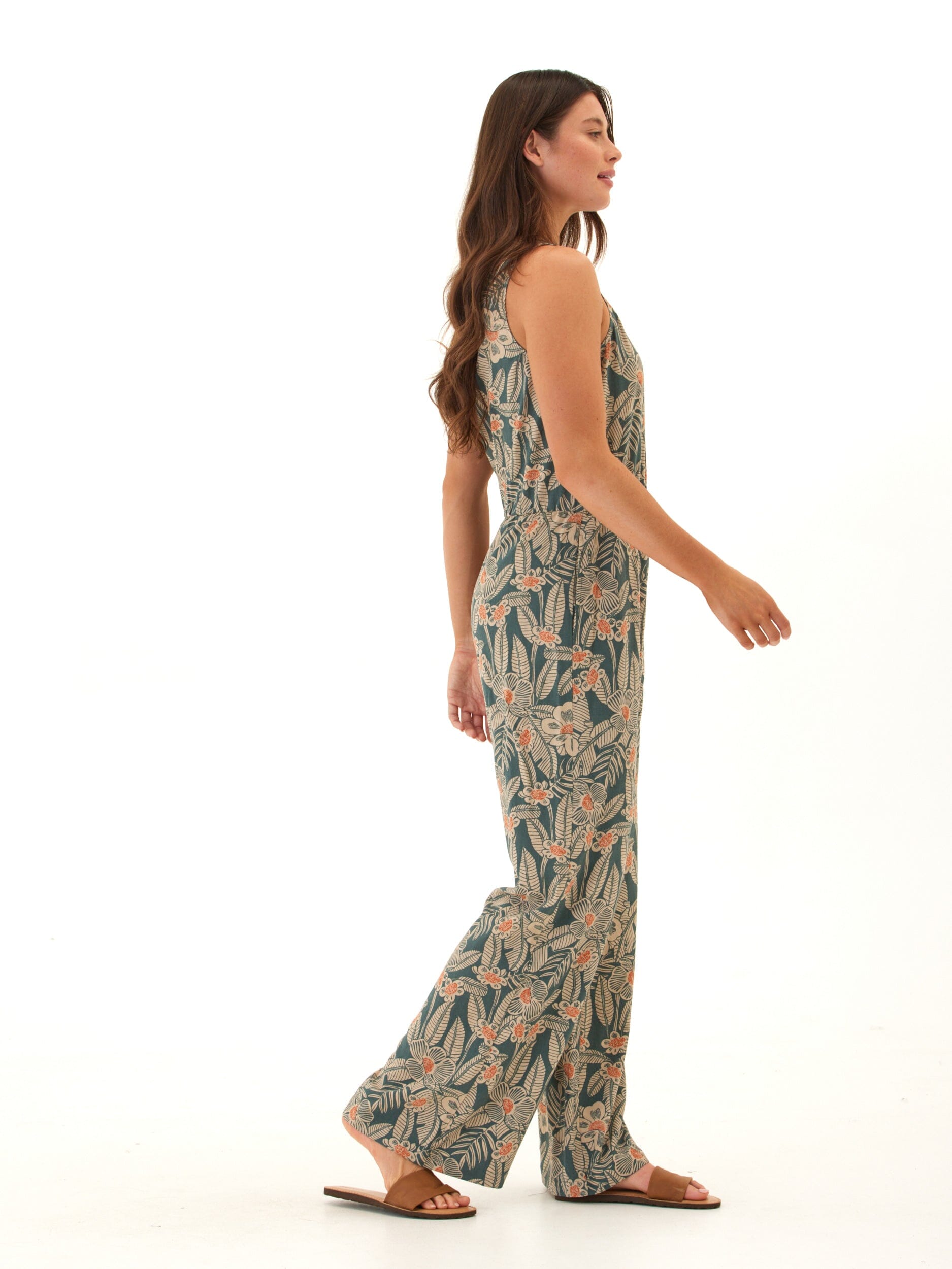 Colleen Island Flora Print Wide-Leg Jumpsuit in Teal and Peach