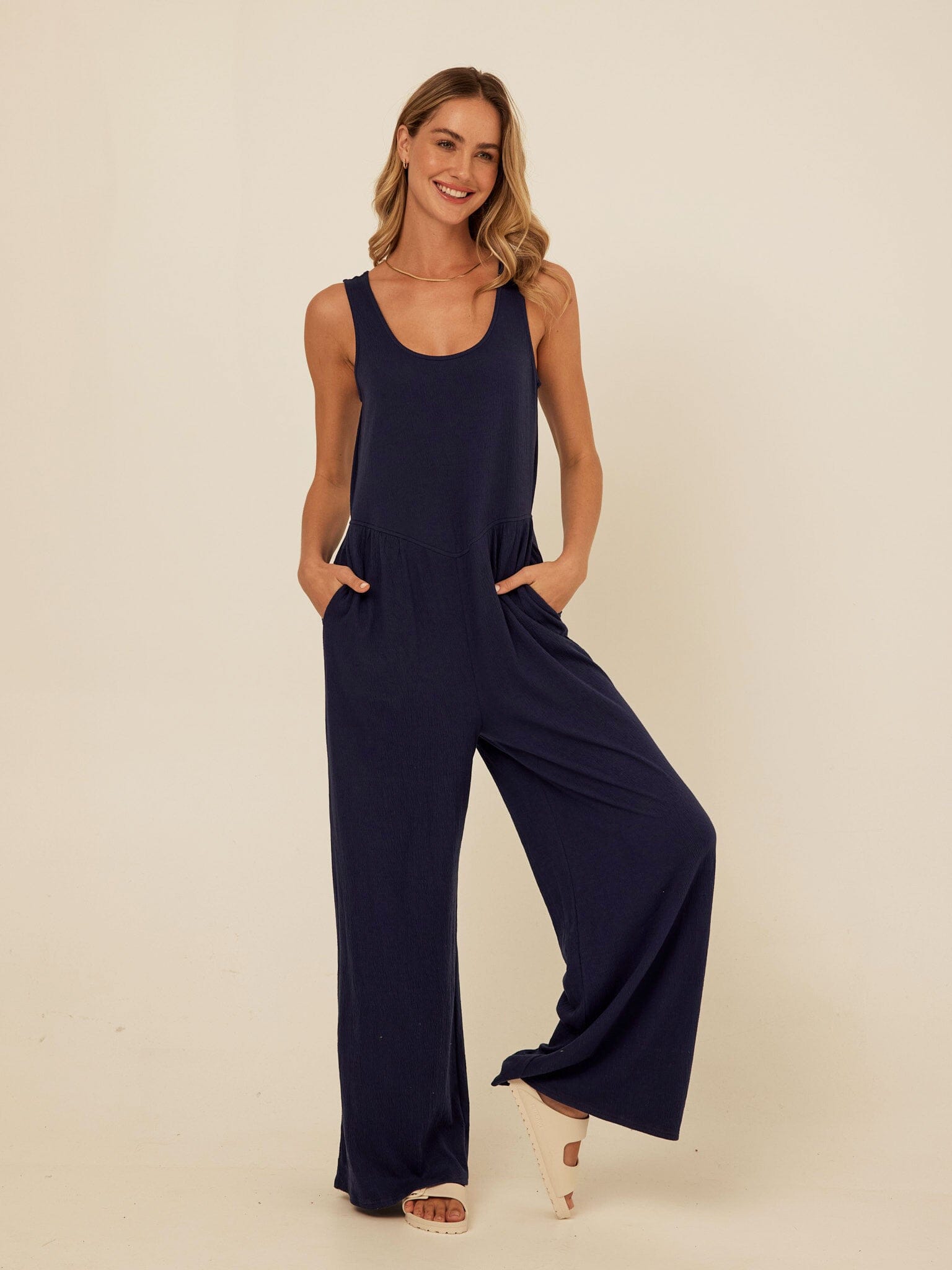 Eira Smocked Jersey Jumpsuit in Navy Blue Wide-Leg Minimalist