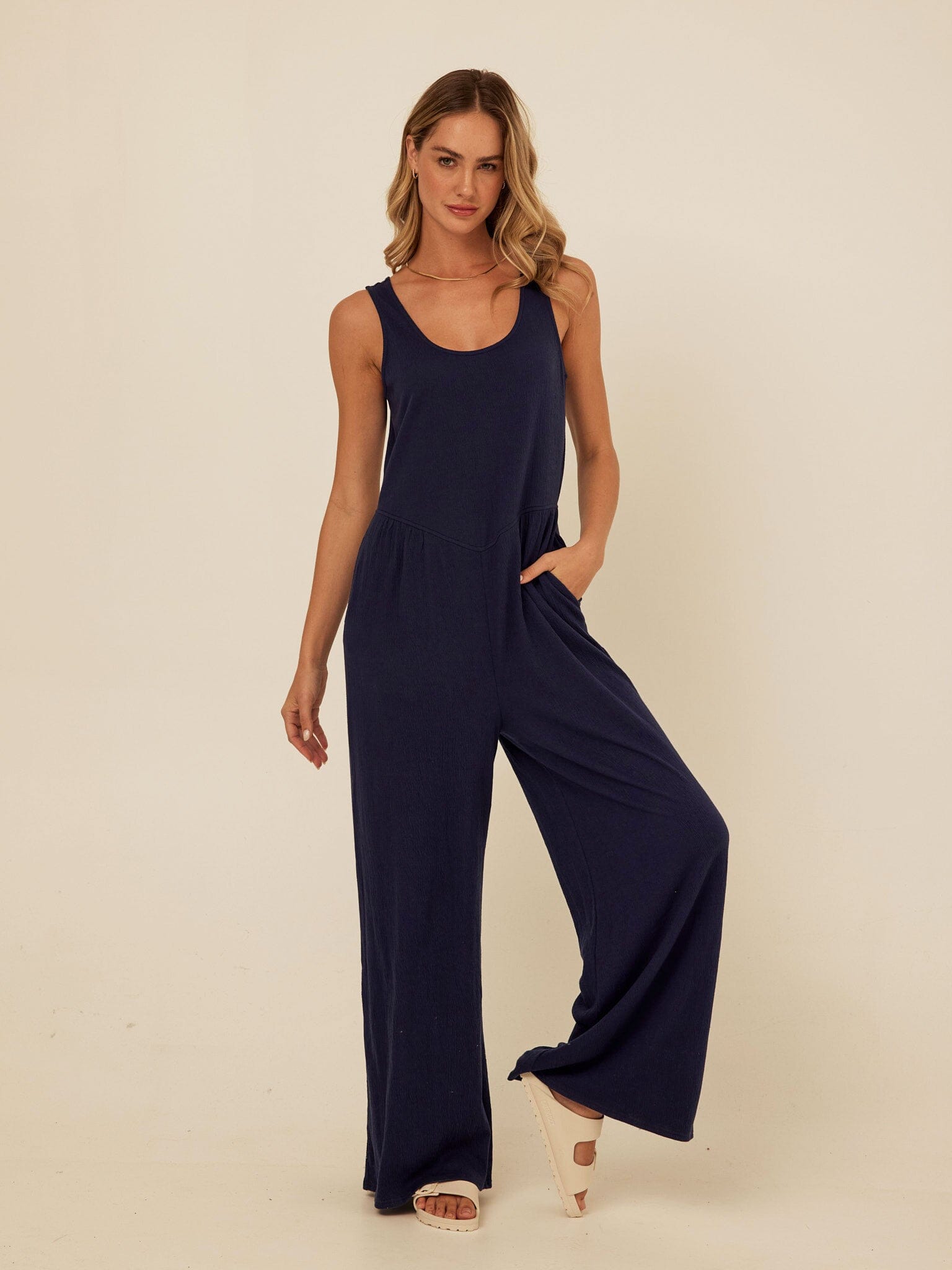 Eira Smocked Jersey Jumpsuit in Navy Blue Wide-Leg Minimalist