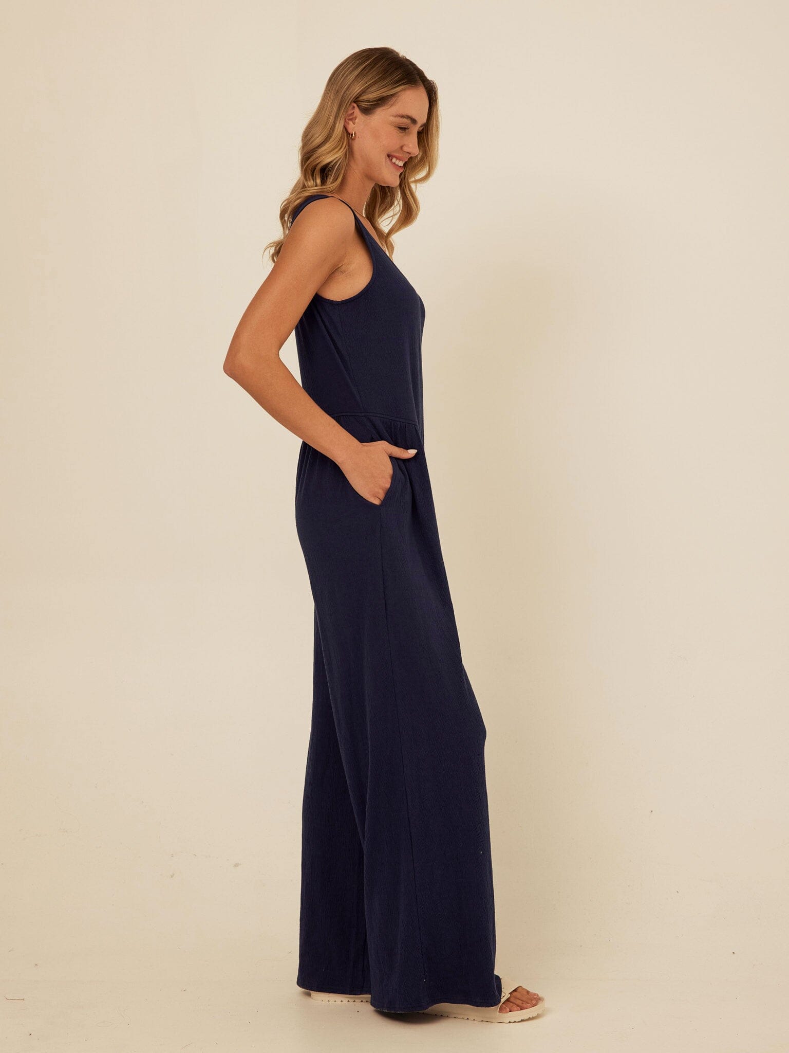 Eira Smocked Jersey Jumpsuit in Navy Blue Wide-Leg Minimalist