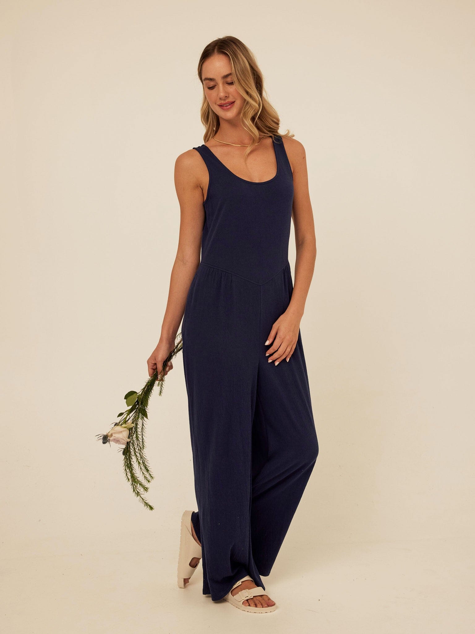 Eira Smocked Jersey Jumpsuit in Navy Blue Wide-Leg Minimalist