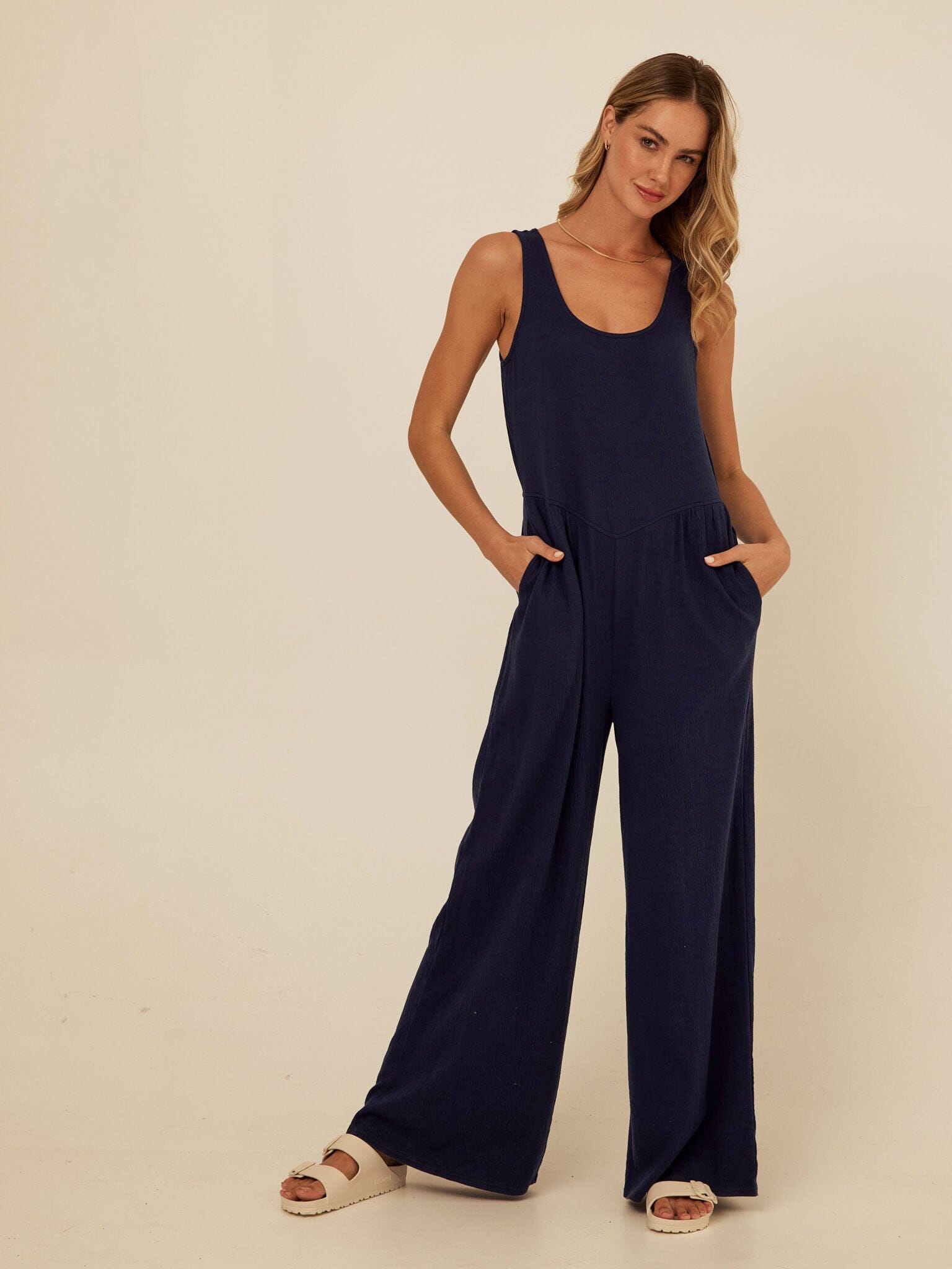 Eira Smocked Jersey Jumpsuit in Navy Blue Wide-Leg Minimalist