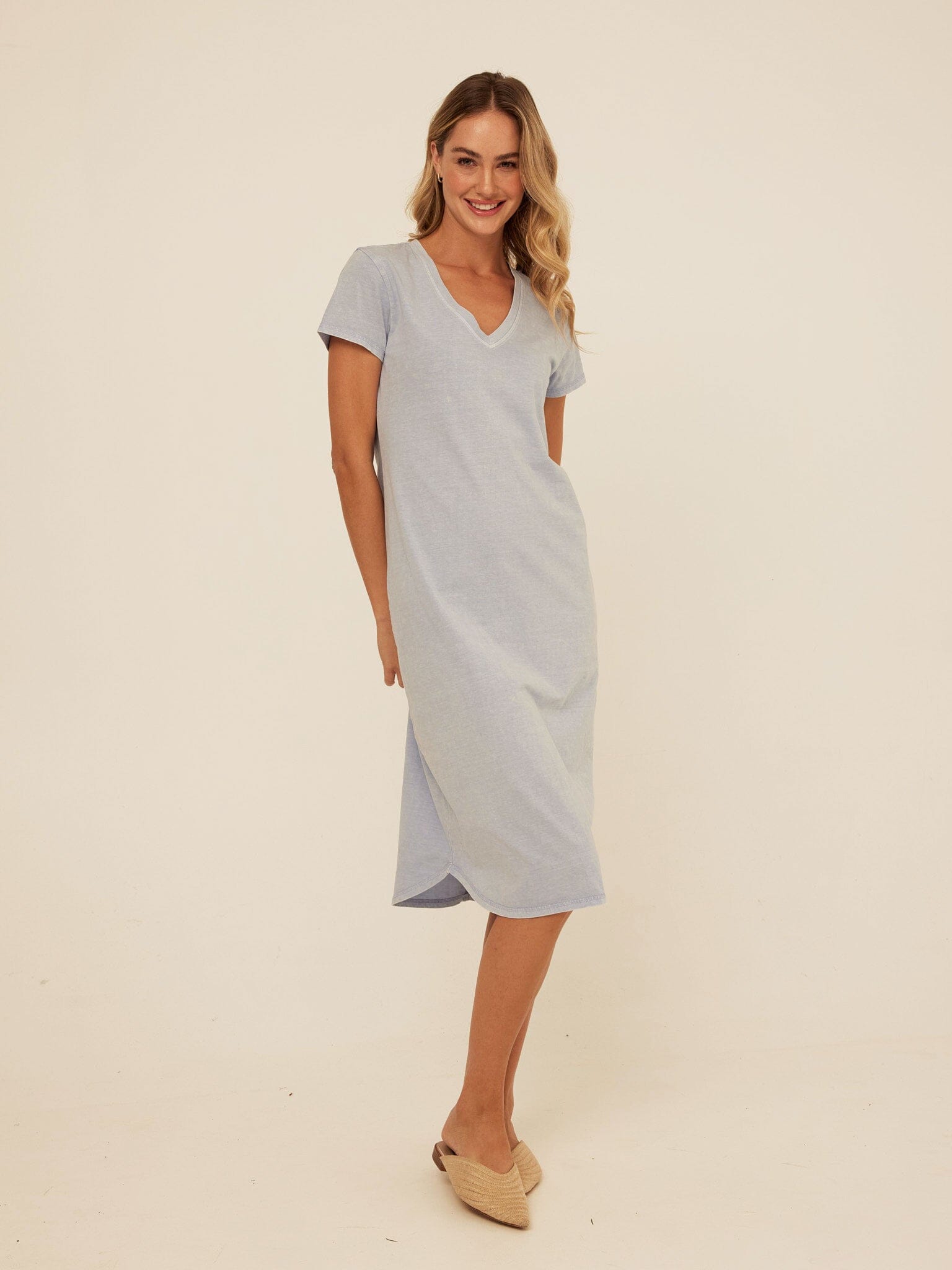 Mineral Wash Eco Jersey Midi Dress: Relaxed V-Neck Casual Shift