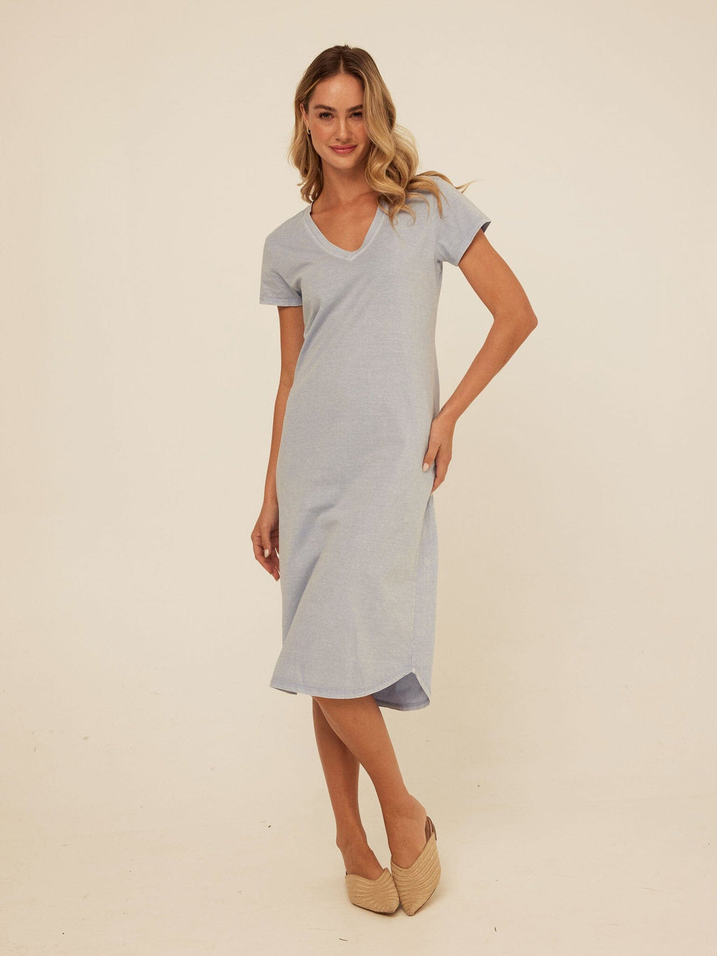 Mineral Wash Eco Jersey Midi Dress: Relaxed V-Neck Casual Shift
