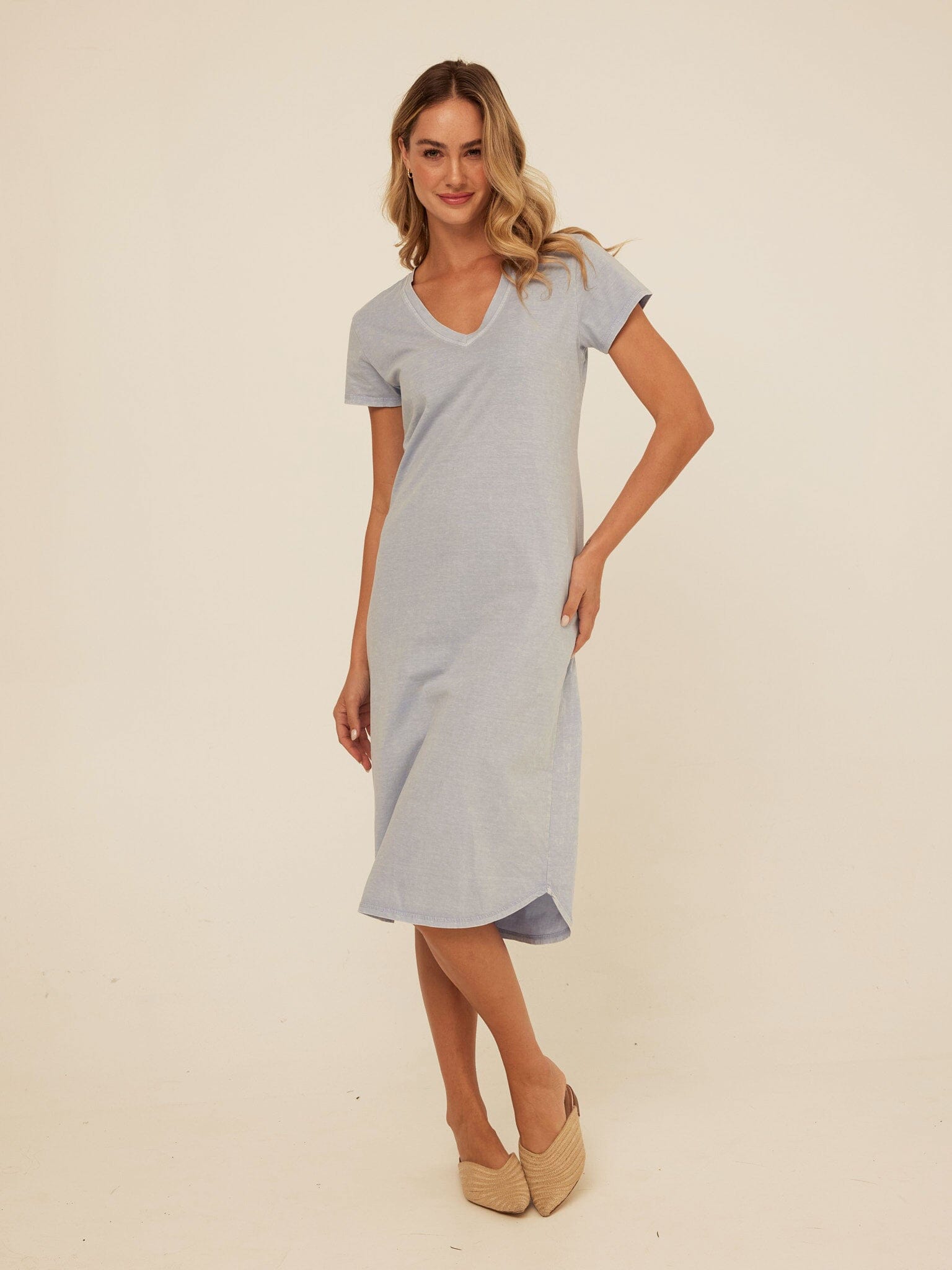 Mineral Wash Eco Jersey Midi Dress: Relaxed V-Neck Casual Shift