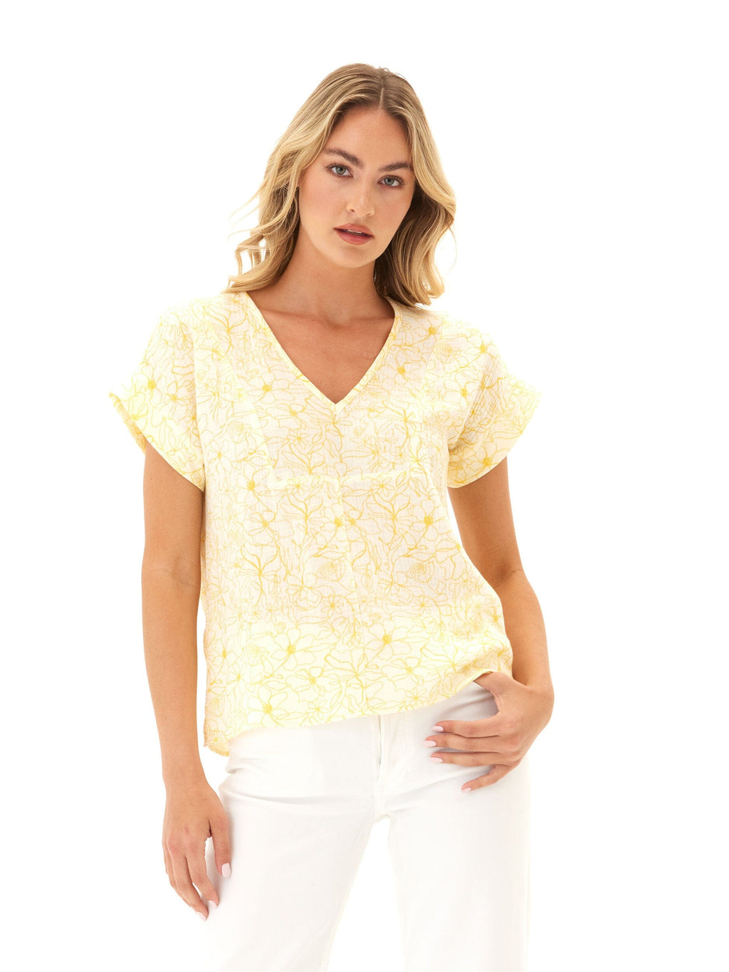 Women's Honora Floral Organic Cotton Gauze V-Neck Top