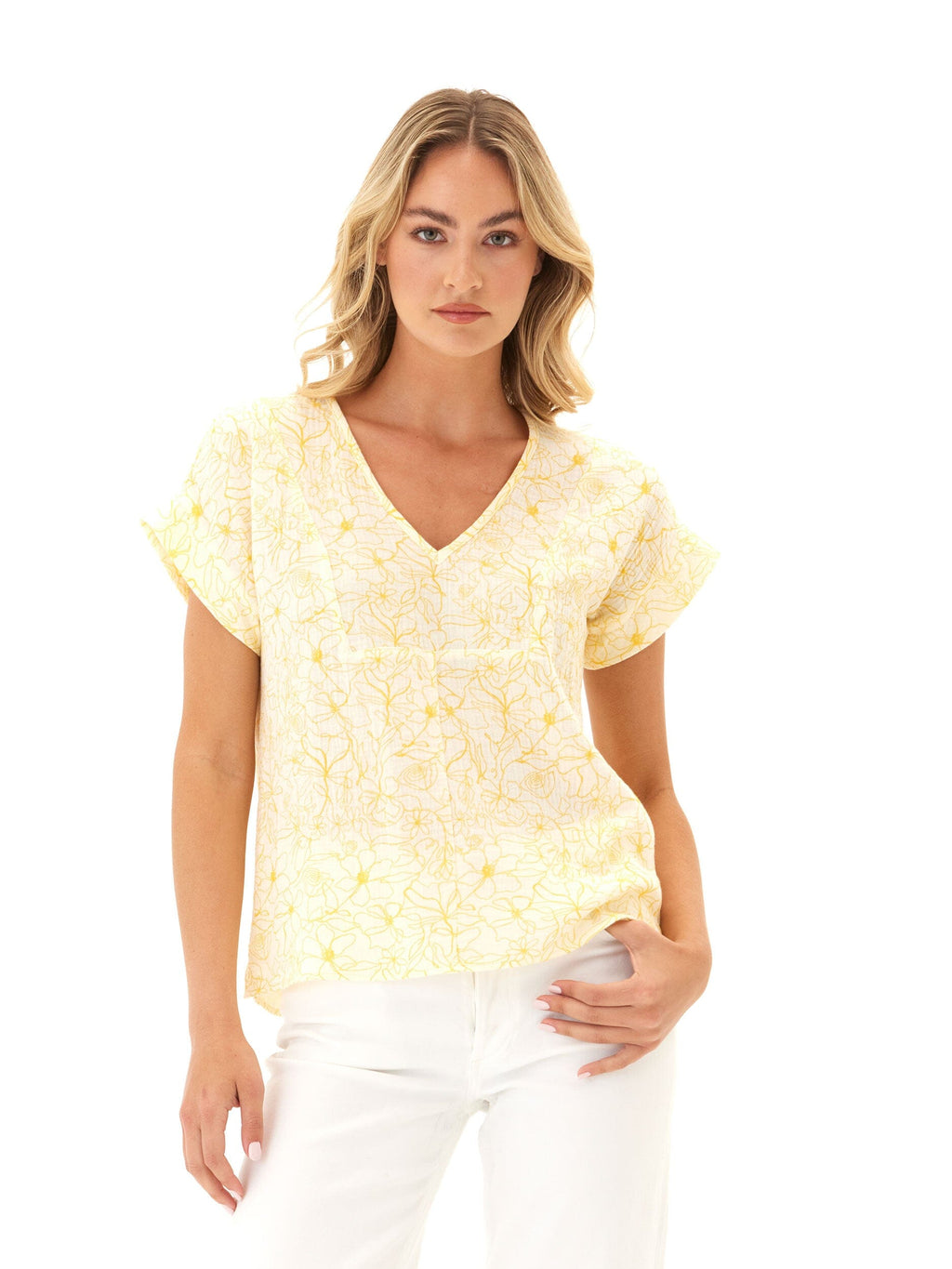 Women's Honora Floral Organic Cotton Gauze V-Neck Top
