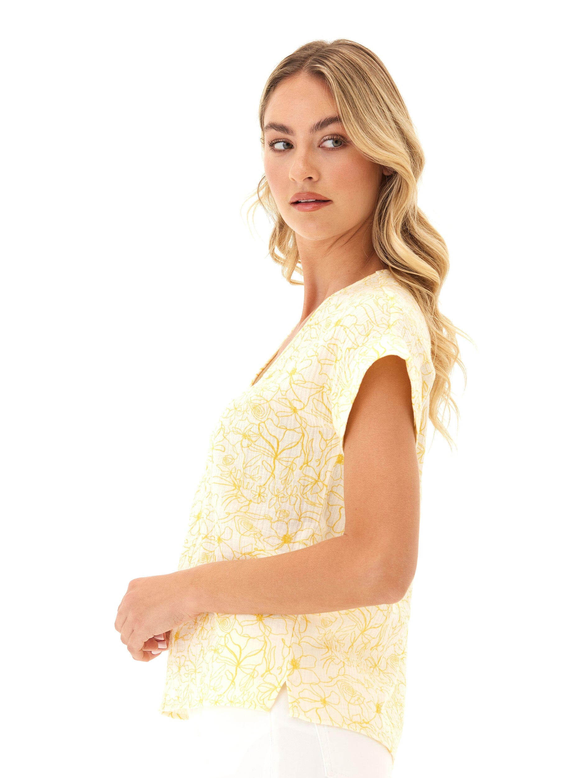 Women's Honora Floral Organic Cotton Gauze V-Neck Top