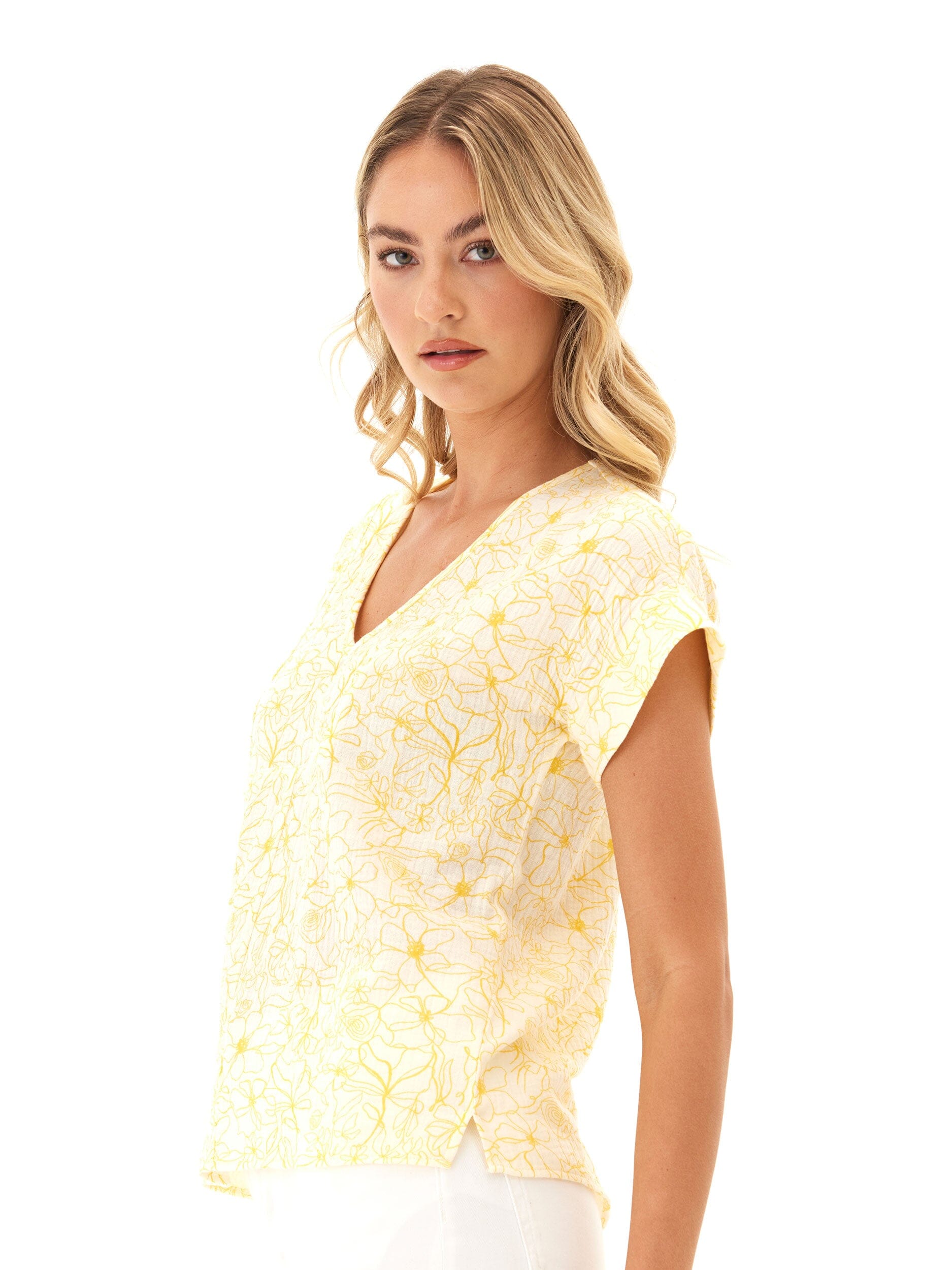 Women's Honora Floral Organic Cotton Gauze V-Neck Top