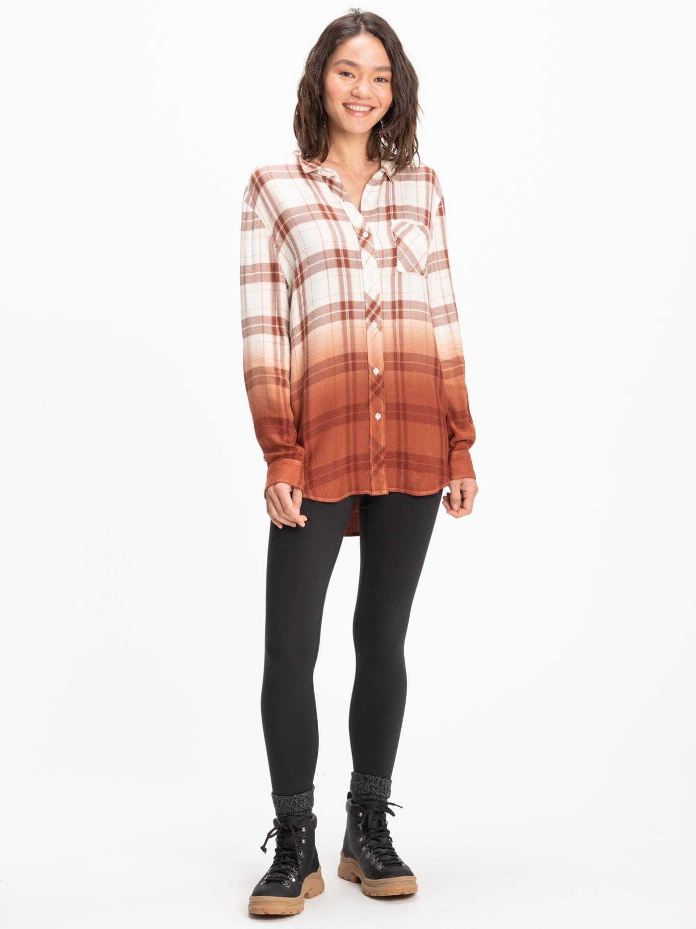 Marlow Woven Oversized Plaid Button-Up Shirt in Rust and Brown