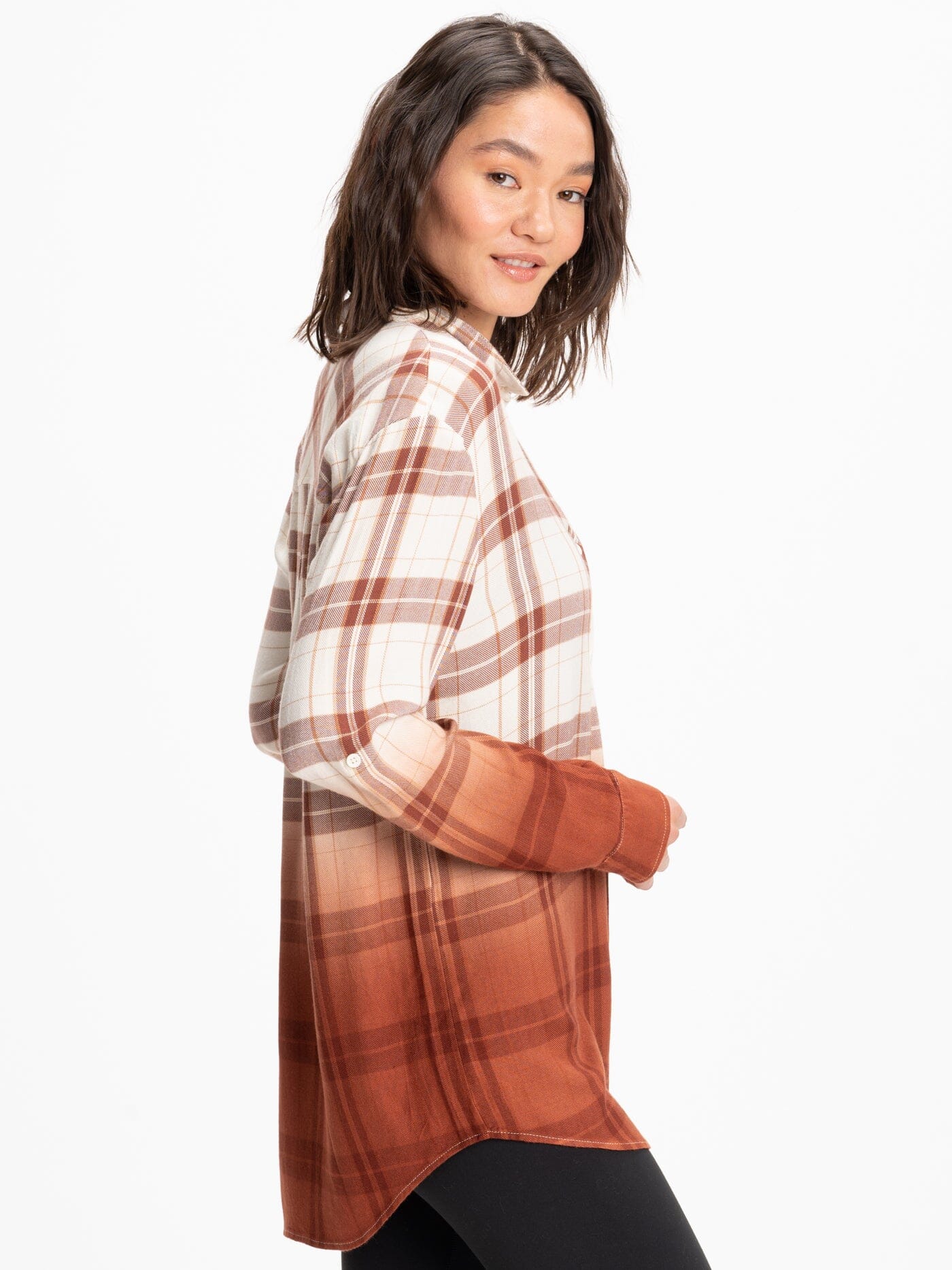 Marlow Woven Oversized Plaid Button-Up Shirt in Rust and Brown