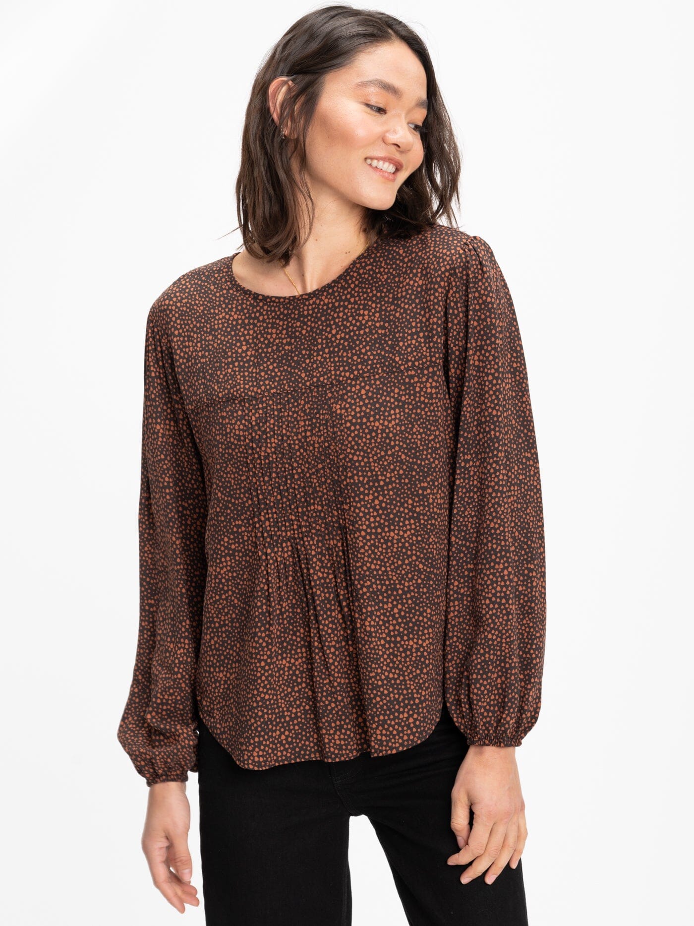 Close up of the Carina Tencel Printed Blouse showing the soft drape and sustainable fabric texture.