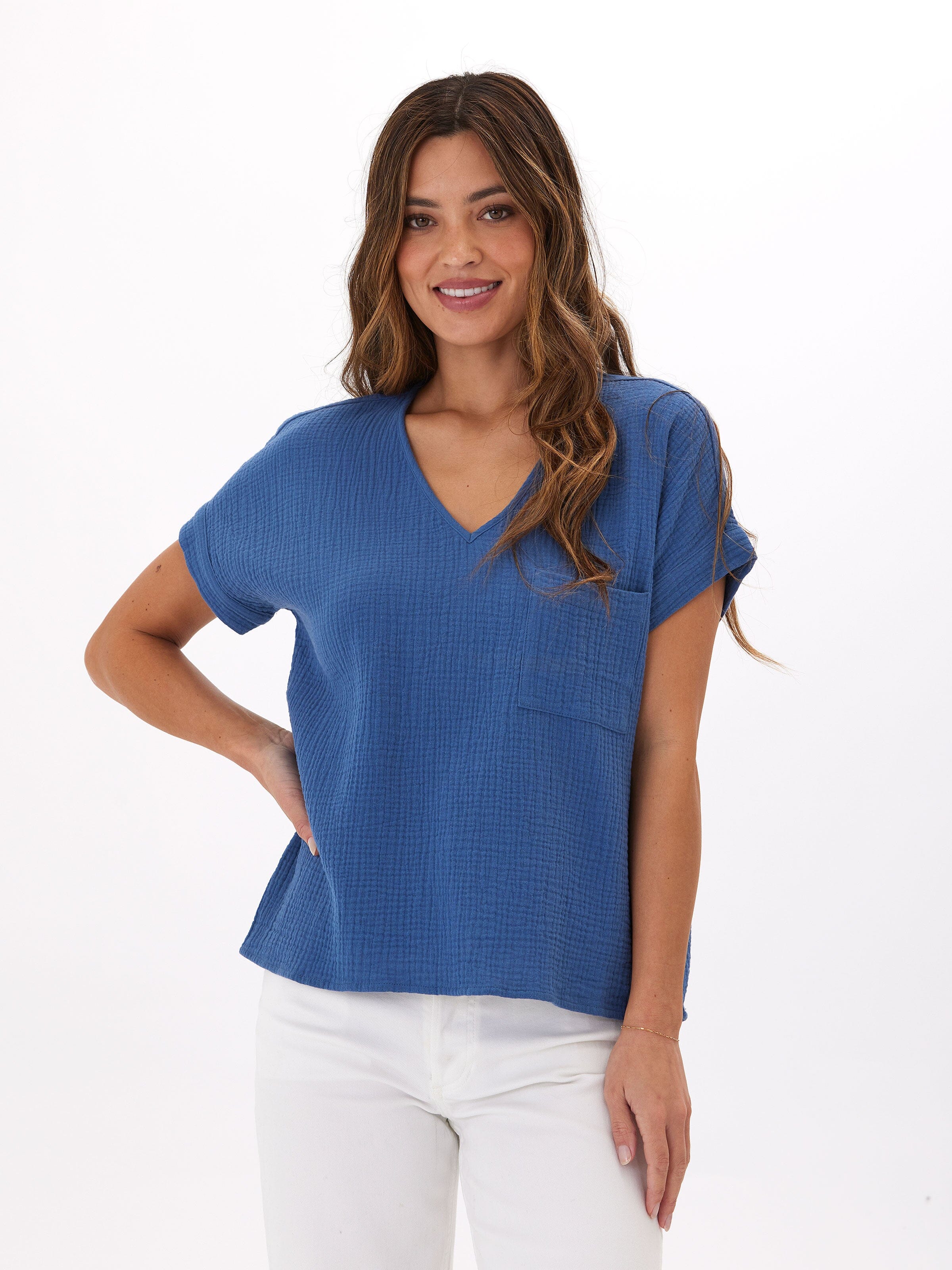 Celia Organic Cotton Gauze Top in Blue