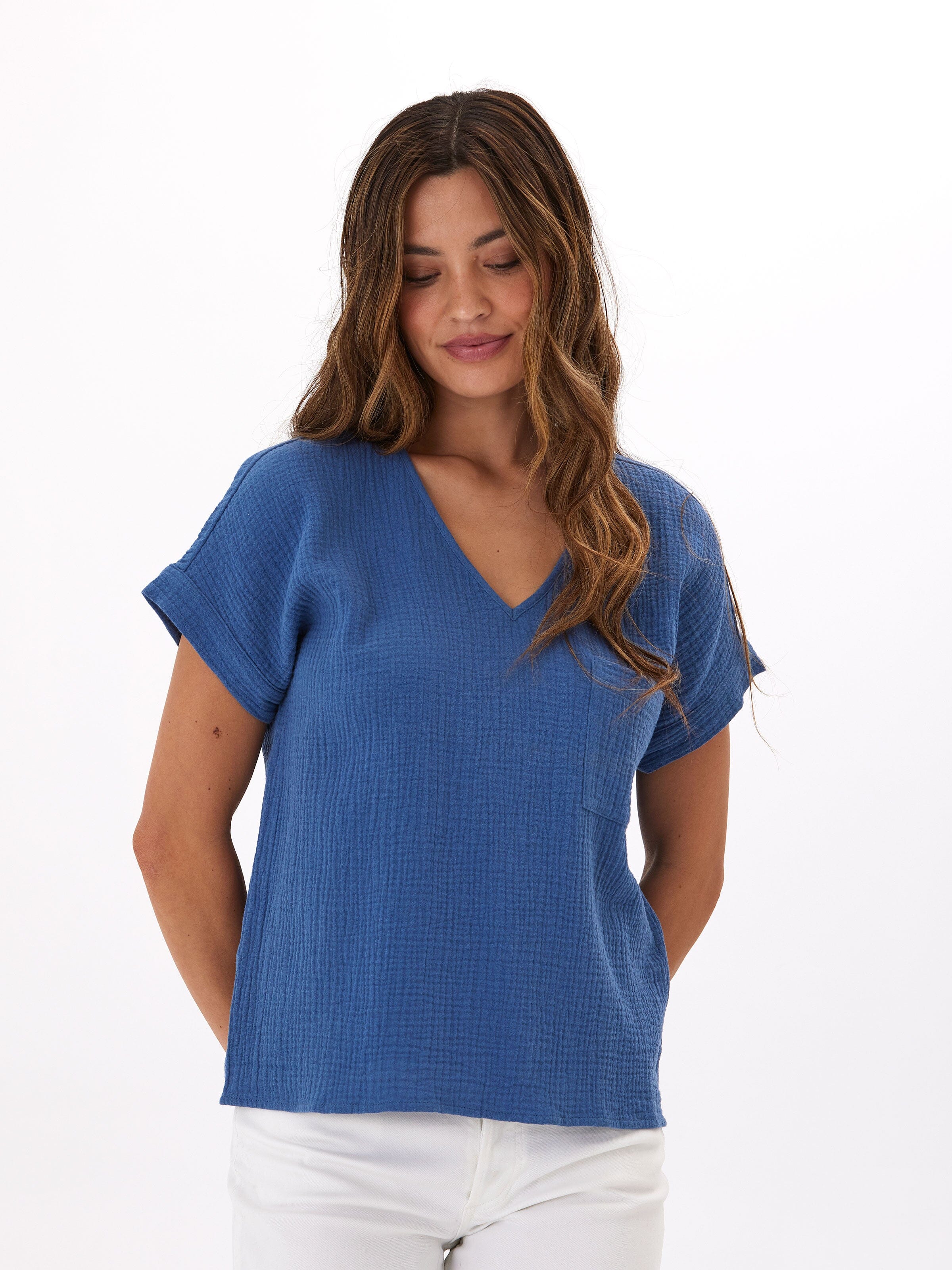Celia Organic Cotton Gauze Top in Blue
