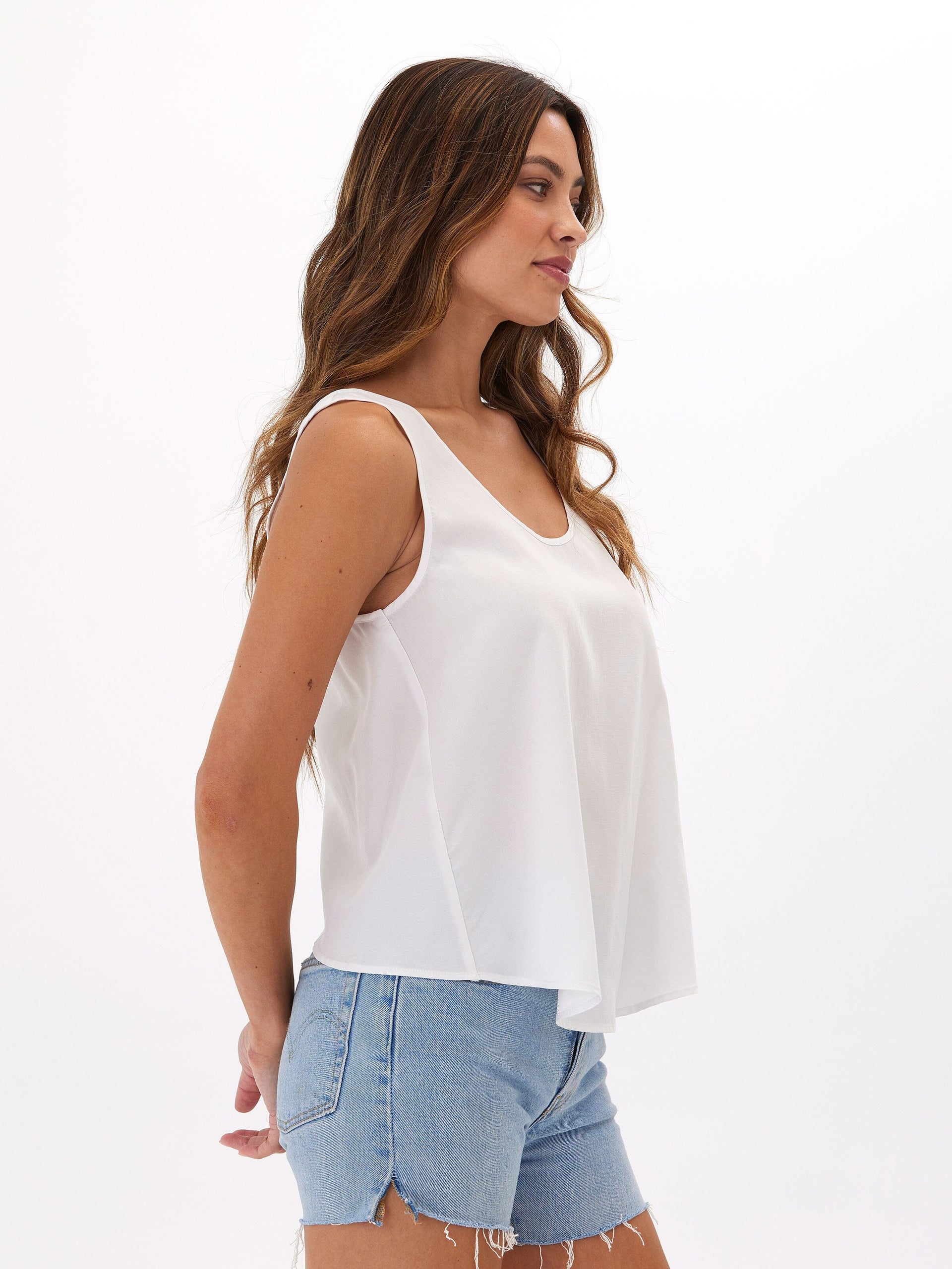 Judie Breezy Linen Crossover Tank in White