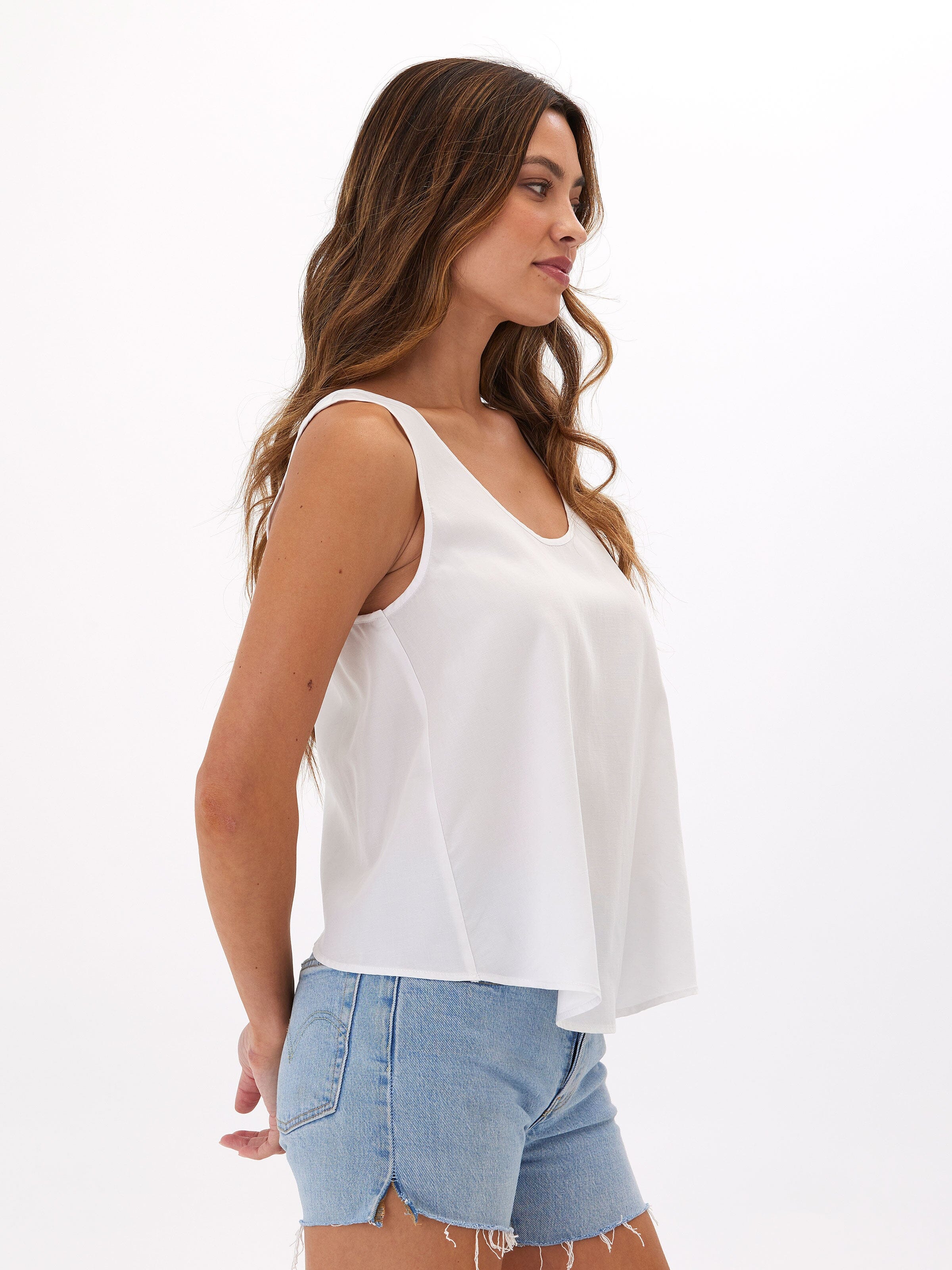 Judie Breezy Linen Crossover Tank in White