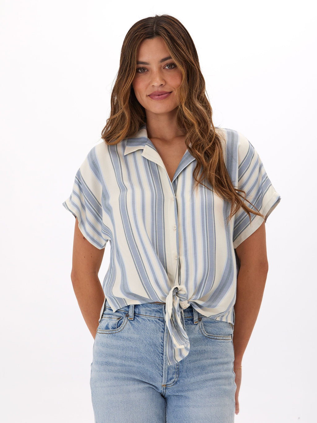 Sheena Woven Button-Up Shirt with Tie Detail