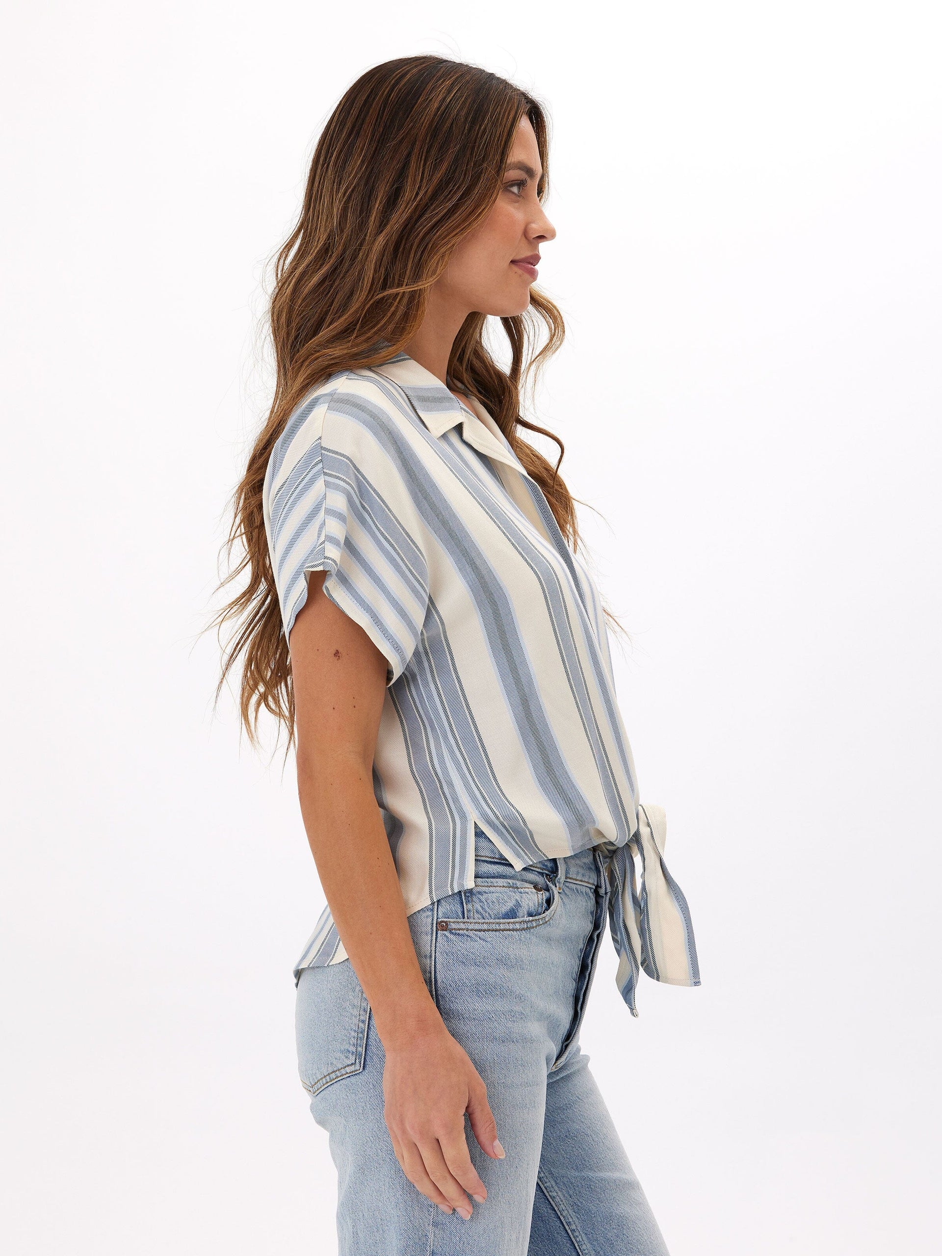 Sheena Woven Button-Up Shirt with Tie Detail