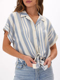 Sheena Woven Button-Up shirt in a soft, breathable fabric with tie detail and drop shoulder design.