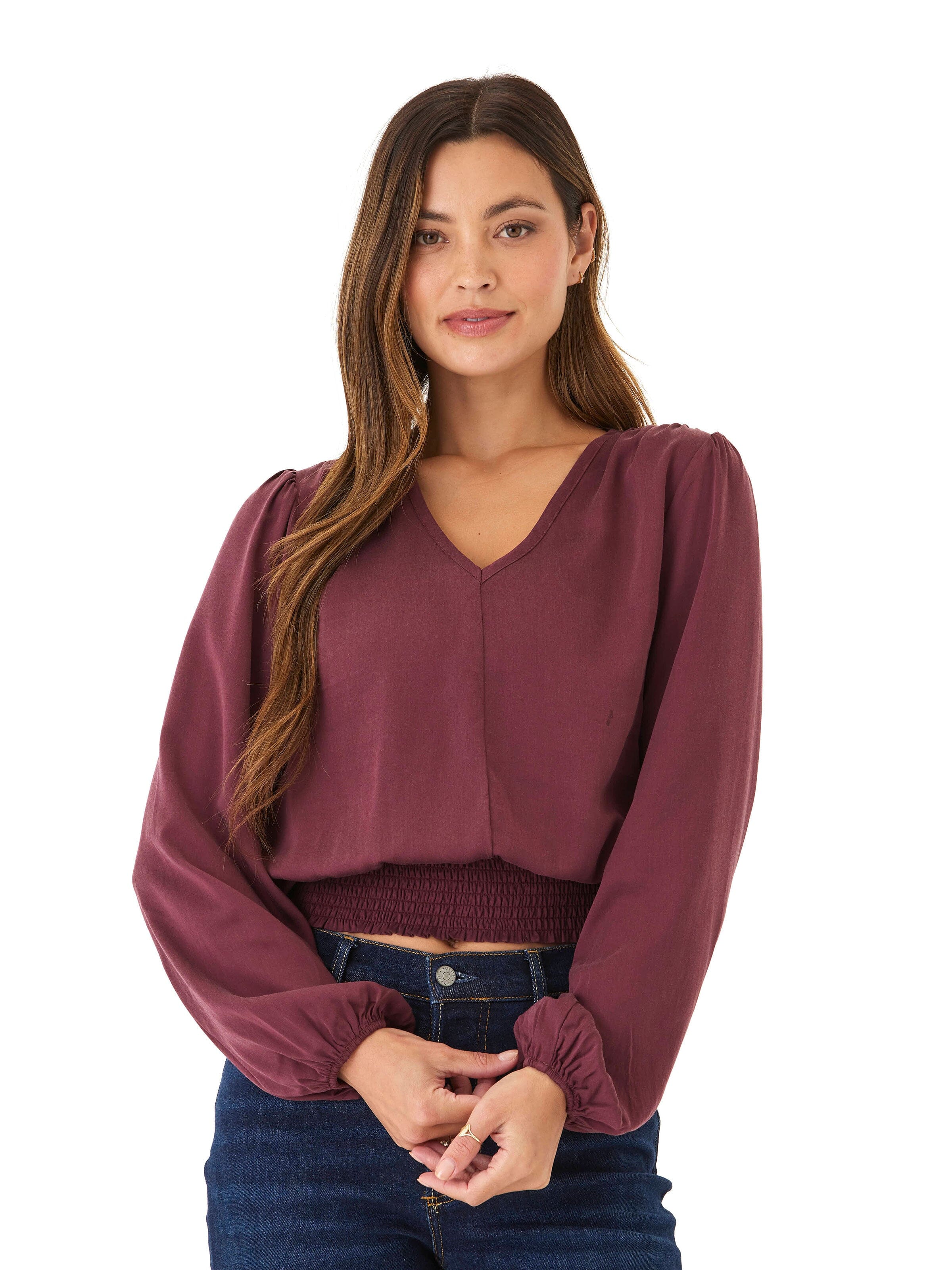 Aubree Eco Woven Smocked Waist Blouse in a relaxed fit with a flattering smocked waist detail
