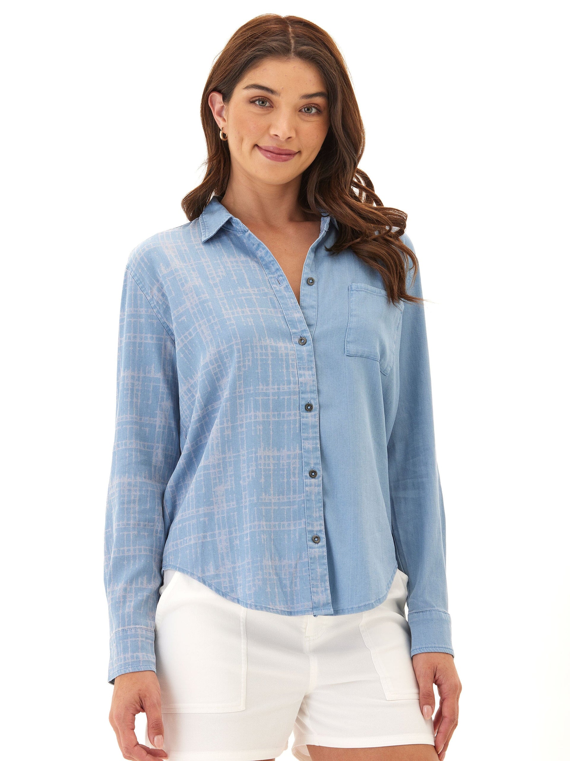 Prudence Grid Plaid Stretch Chambray Button-Down Shirt