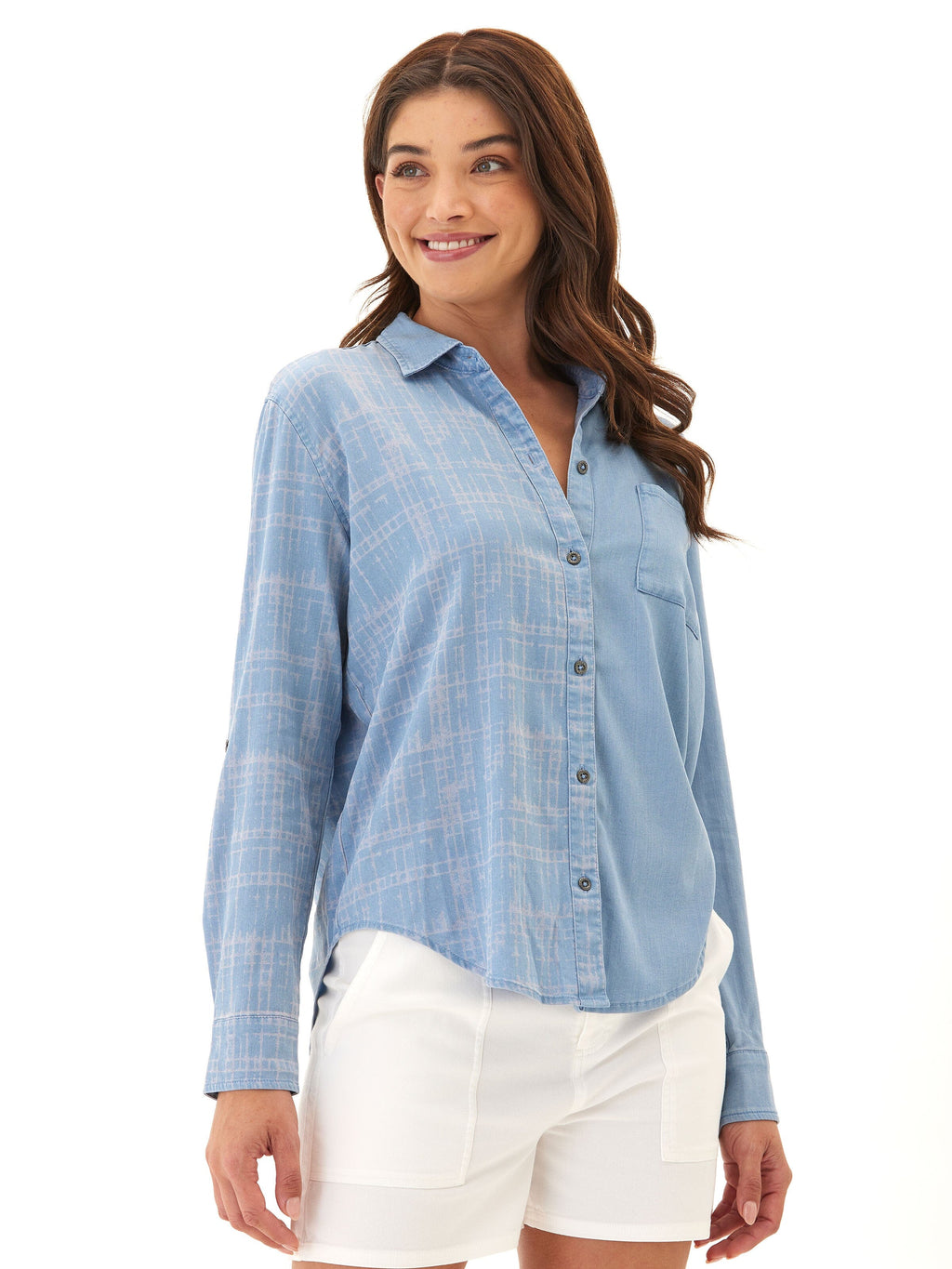 Prudence Grid Plaid Stretch Chambray Button-Down Shirt