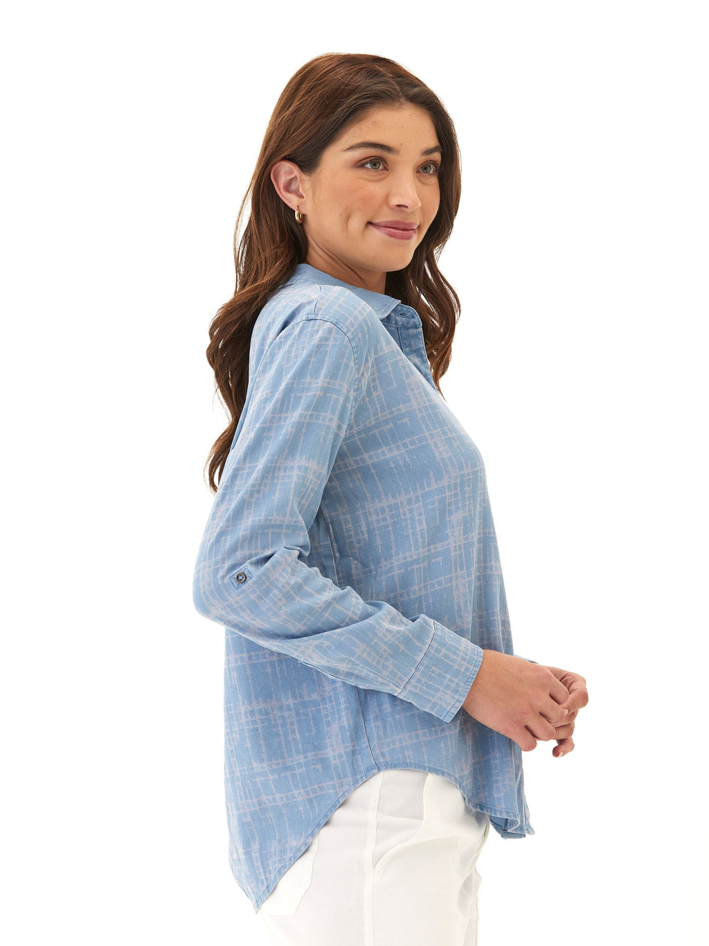 Prudence Grid Plaid Stretch Chambray Button-Down Shirt