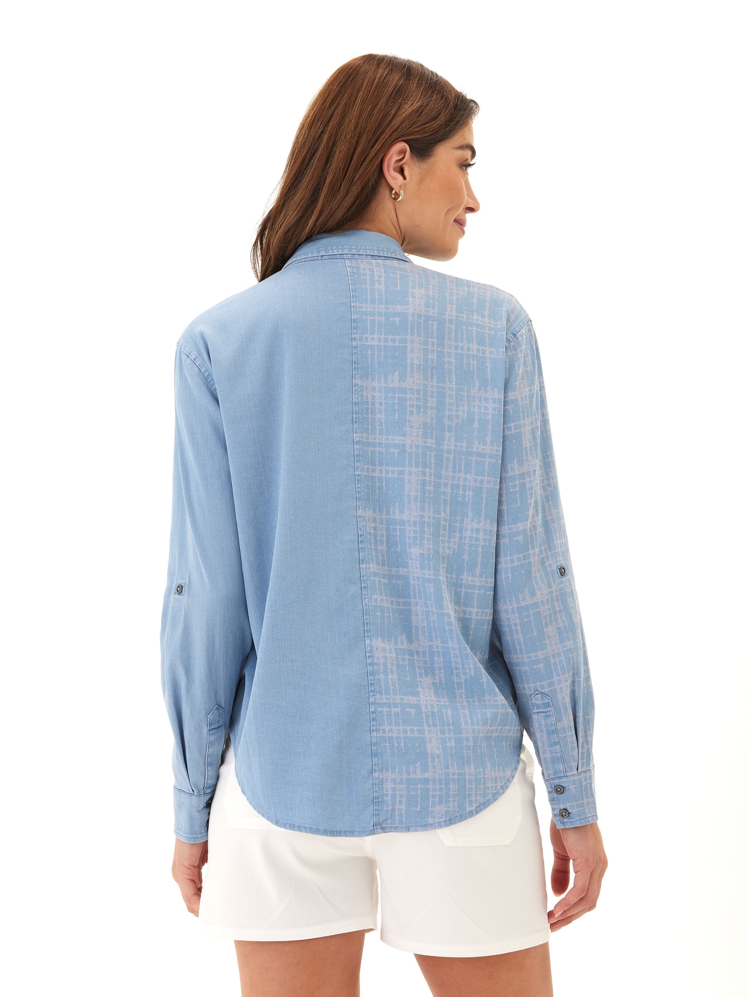 Prudence Grid Plaid Stretch Chambray Button-Down Shirt